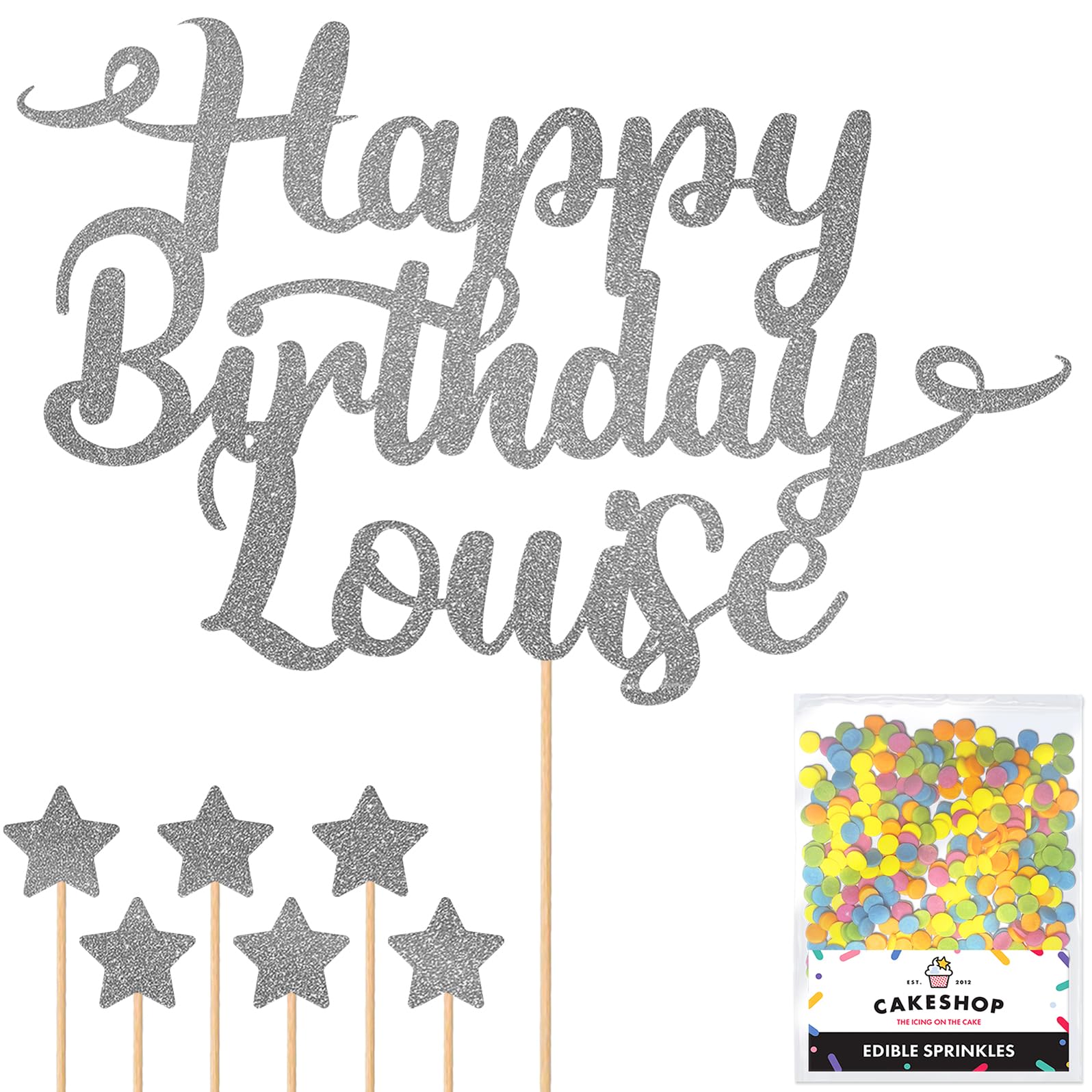 Personalised Happy Birthday Glitter Cake Topper - Dark Silver Any Name Glitter Cake Decoration and Sprinkles - Happy Birthday Decorations - Personalised Toppers for Cakes by Cakeshop