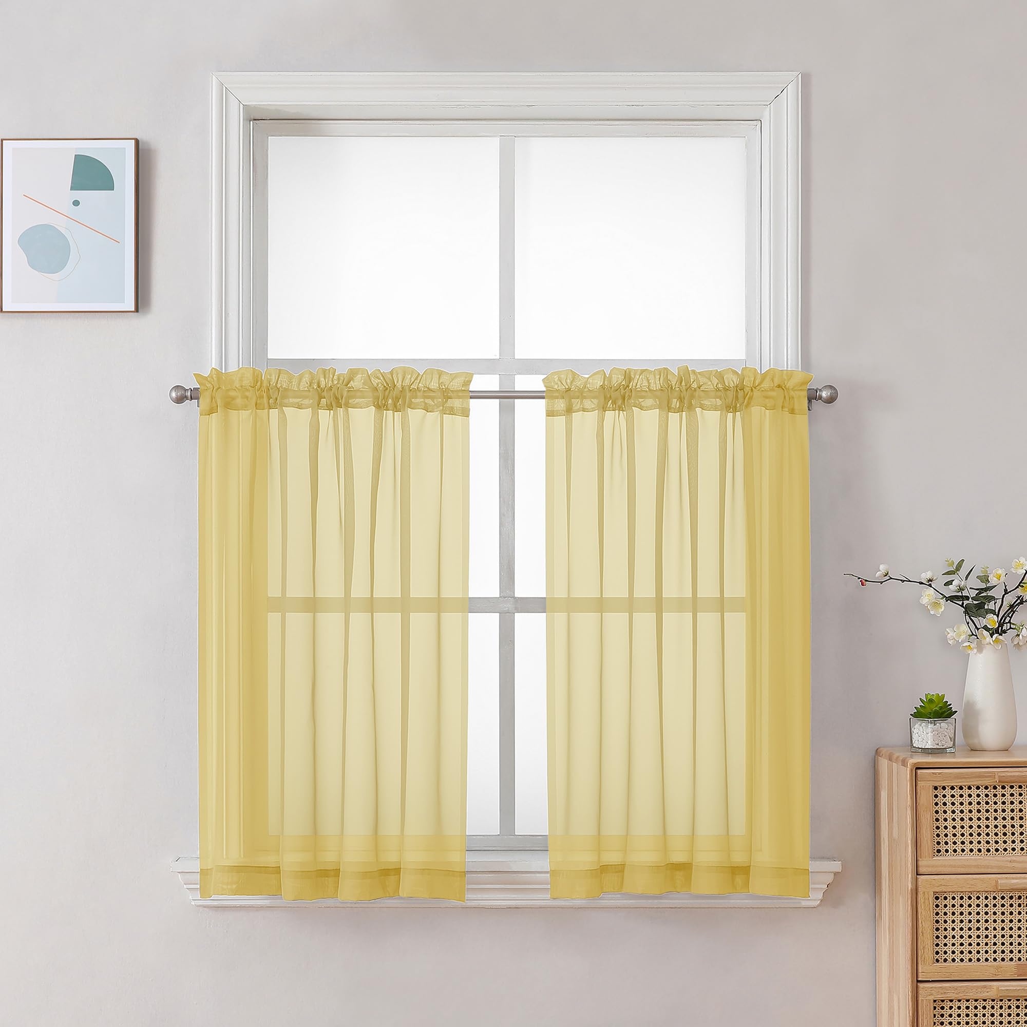 Chyhomenyc Mustard Yellow Short Sheer Curtains 30 inch Length, Light Filtering Half Window Curtians for Kitchen, Elegant Small Curtain for Basement Bathroom Cabinet, 42Wx30L inches, 2 Panels
