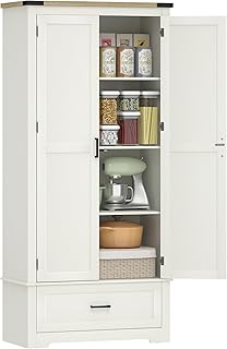 HOMCOM 69" Tall Kitchen Pantry Storage Cabinet, Farmhouse Freestanding Pantry Cabinet with 2 Doors, Drawer and Adjustable Shelves, Cream White