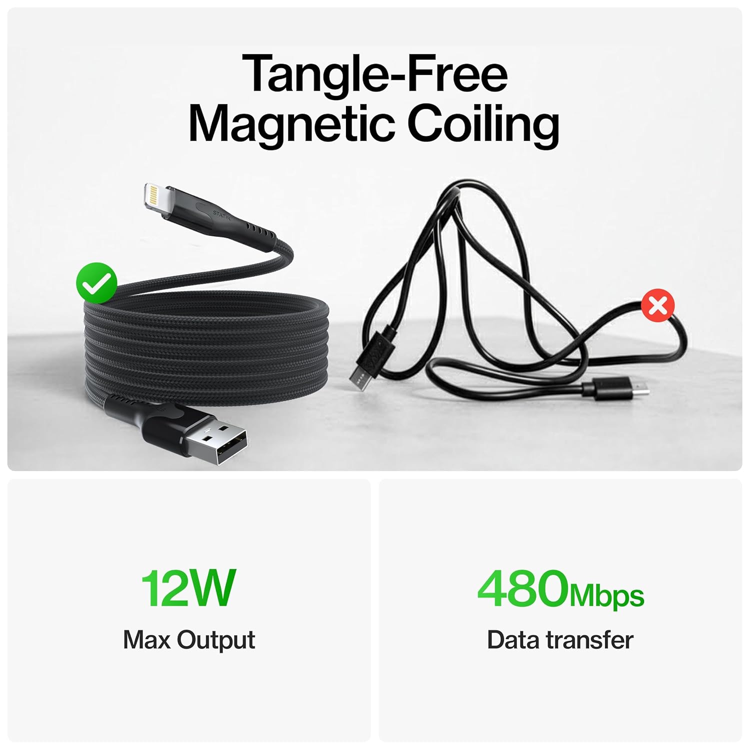 Statik MagStack USB A to iProduct Cable MFi Certified, Clutter-Free Magnetic Charging Cable, Anti-Tangle Phone Charger Cord, 12W, Compatible with iPhone 14 Pro Max, 13 12 11, 6FT/2M, 3-Pack