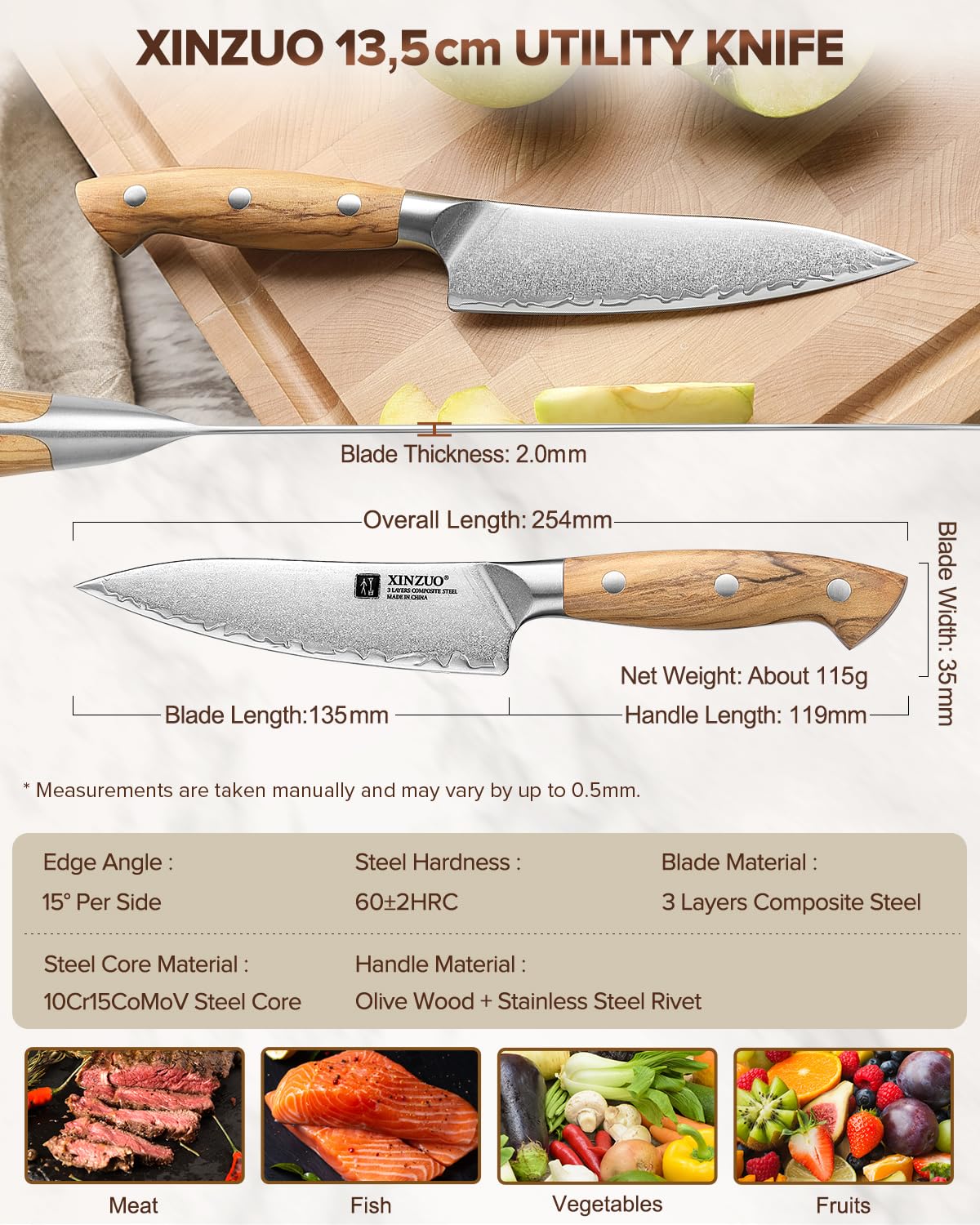 XINZUO Verbundstahl 13,5cm Küchen Allzweckmesser Handgeschmiedet scharfe Universalmesser -kohlenstoffreichem Stahl Obstmesser Schälmesser -Ergonomischer Griff aus Olivenholz -Exquisite Geschenkbox