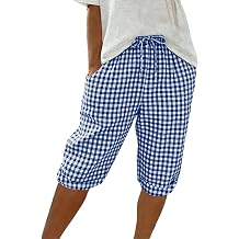 Aymnlox Beach Shorts for Women Gingham Cotton Elastic Waist Short Wide Leg Drawstring Casual Loose Shorts Summer Vacation