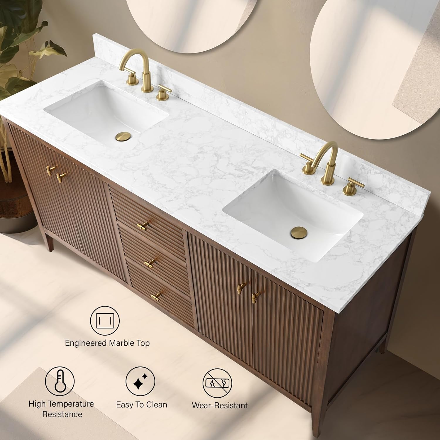Vanity Art 72 inch Bathroom Vanity with Double Sink & Ceramic Top, Vanity Cabinet with Soft-Closing Door, Solid Wood Frame, Linear Pattern, Walnut, Golden Brushed Handware VA9172-DWalnut-GB
