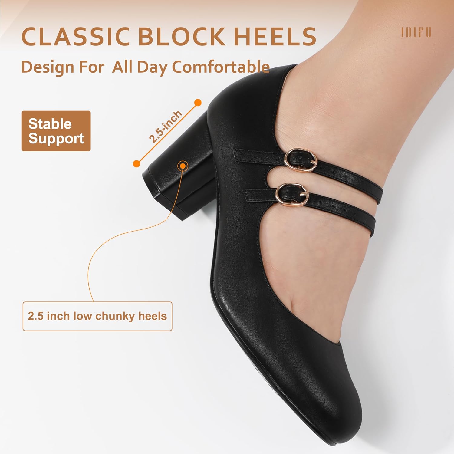 IDIFU Women's Dress Shoes for Women Pumps Mary Jane Heels Low Block Round Closed Toe Wedding Office Work