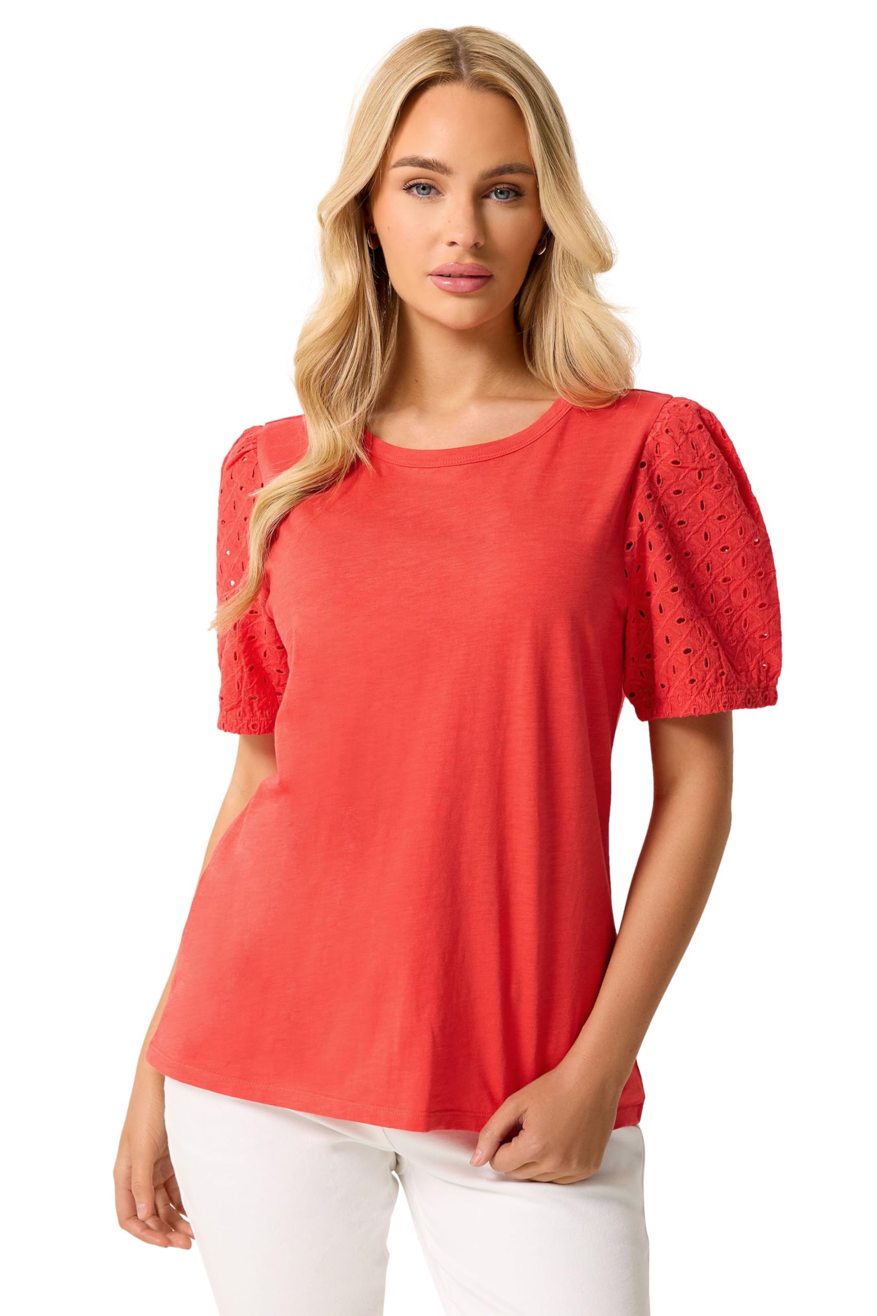 M&Co Women's Orange Cotton Broderie Top In | Size: 18