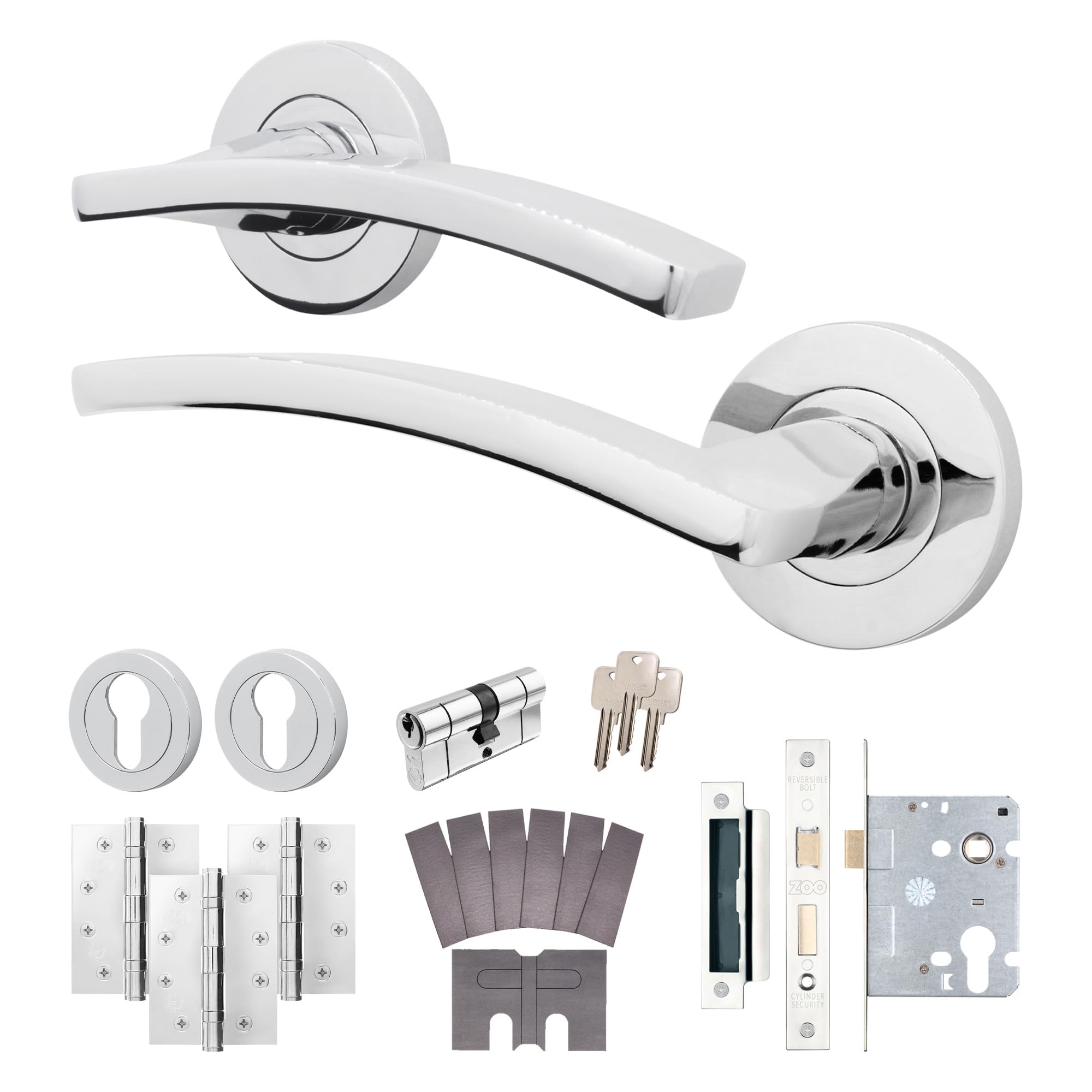 EAI Polished Chrome Door Handle Fire Rated Euro Lock Cylinder Kit - Elson