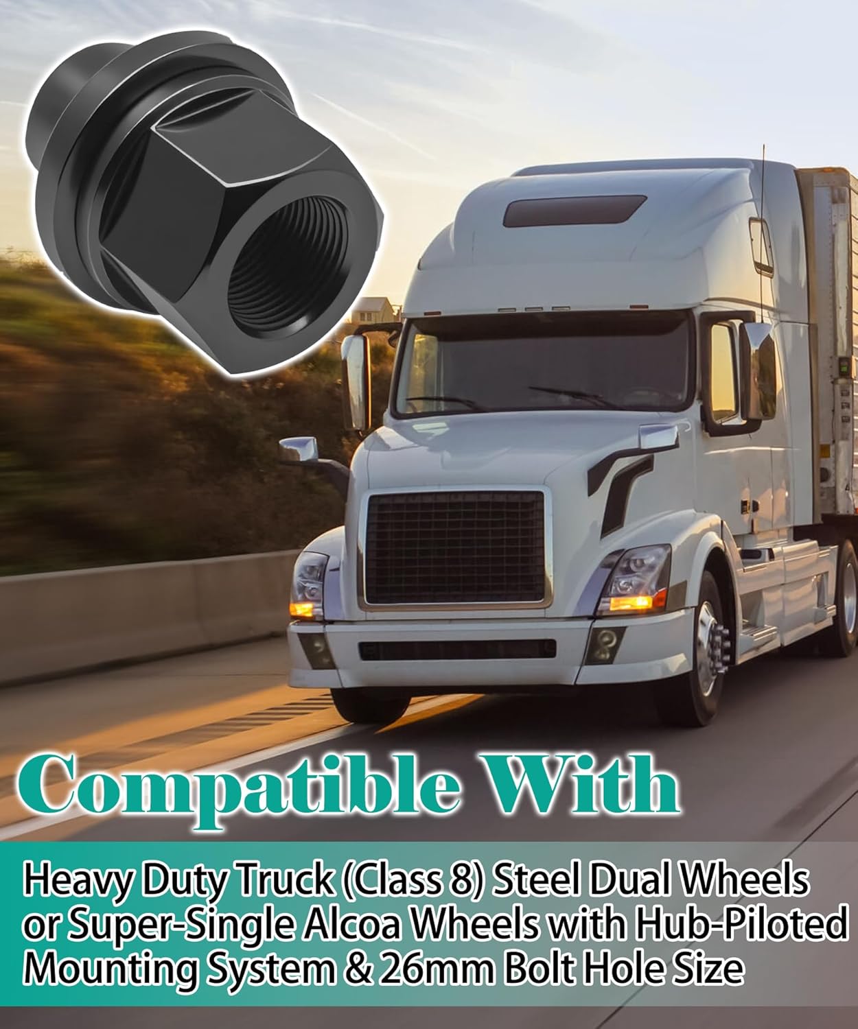 10PCS M22x1.5 Hex Wheel Lug Nuts Fits for Heavy Duty Truck Semi Truck Fit Steel Dual Wheels with Hub Piloted Seat & 26mm Bolt Hole Size