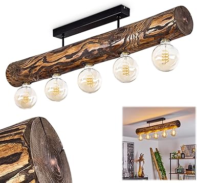 hofstein Plafondlamp Canedo, plafondlamp van metaal/hout in zwart/natuur/donkerbruin, vintage lamp 5-lamp, 5 x E27, zonder gloeilampen
