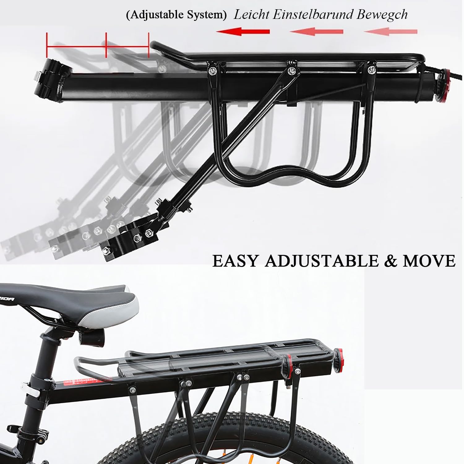 Portapacchi universale in alluminio per e-bike, mountain bike, bici da città, 50 kg, montaggio senza attrezzi, anti ruggine e anti-schegge
