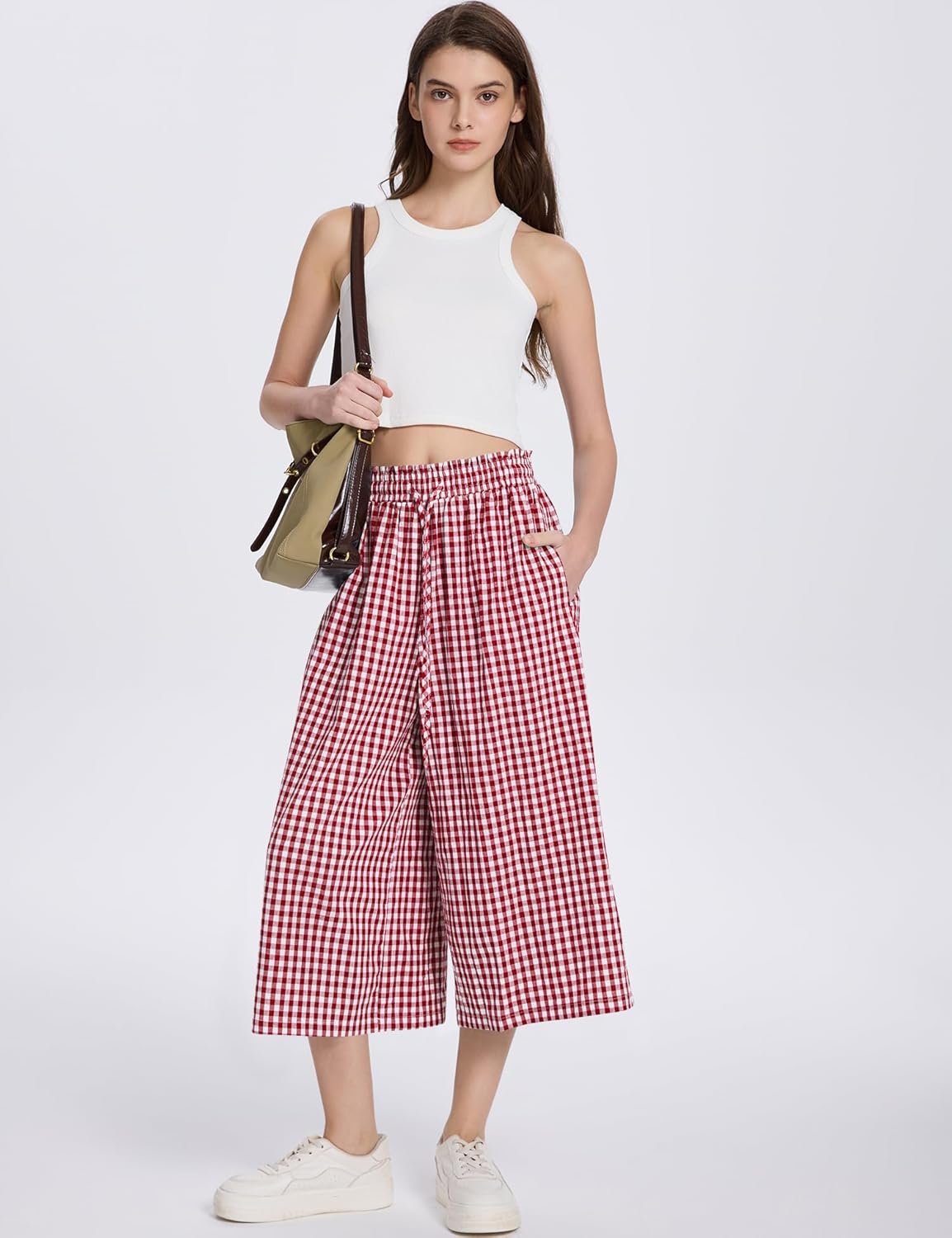 Rapbin Wide Leg Capri Pants for Women Gingham Striped Culottes Flowy Elastic Waist Cropped Palazzo Pants with Pockets - Image 5