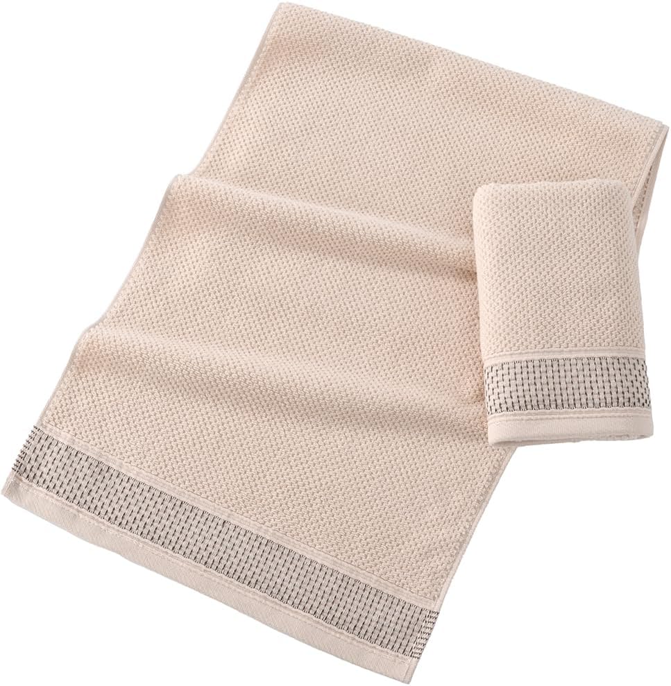 sense gnosis Textured Terry Clusters Hand Towel Set of 2 Striped Weave 100% Cotton Super Soft Highly Absorbent Quick Dry Decorative Hand Towels for Bathroom 13x 29 Inch, Beige