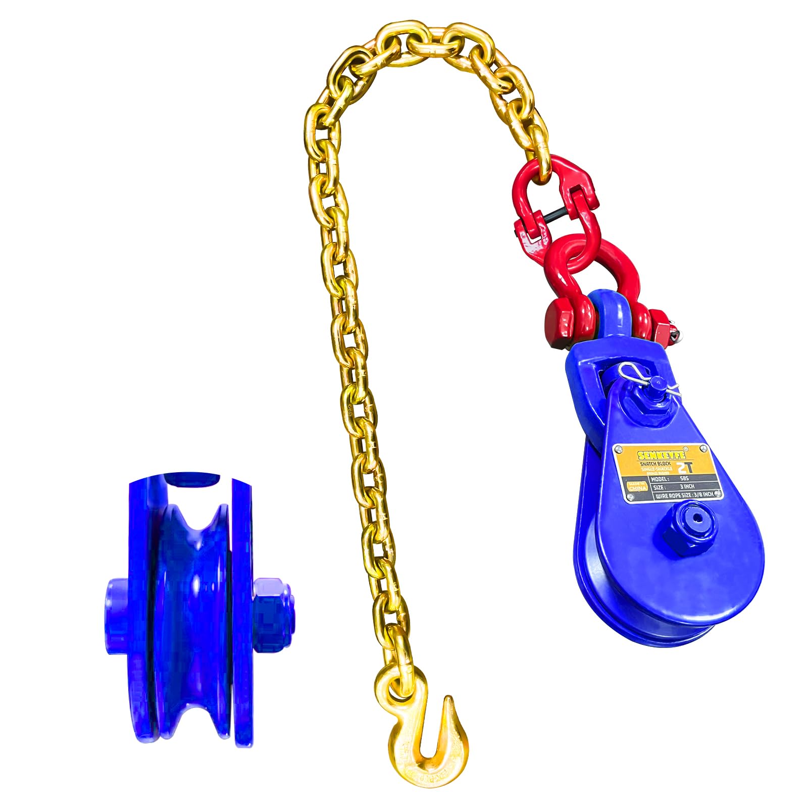 2 Ton Block with Chain and Swivel Shackle, Block Pulley Kit Blue Color Suitable for 3/8" Inch Wire Rope Flatbed Tow Truck Rollback Wrecker Car Carrier Winch, Towing Winch Block