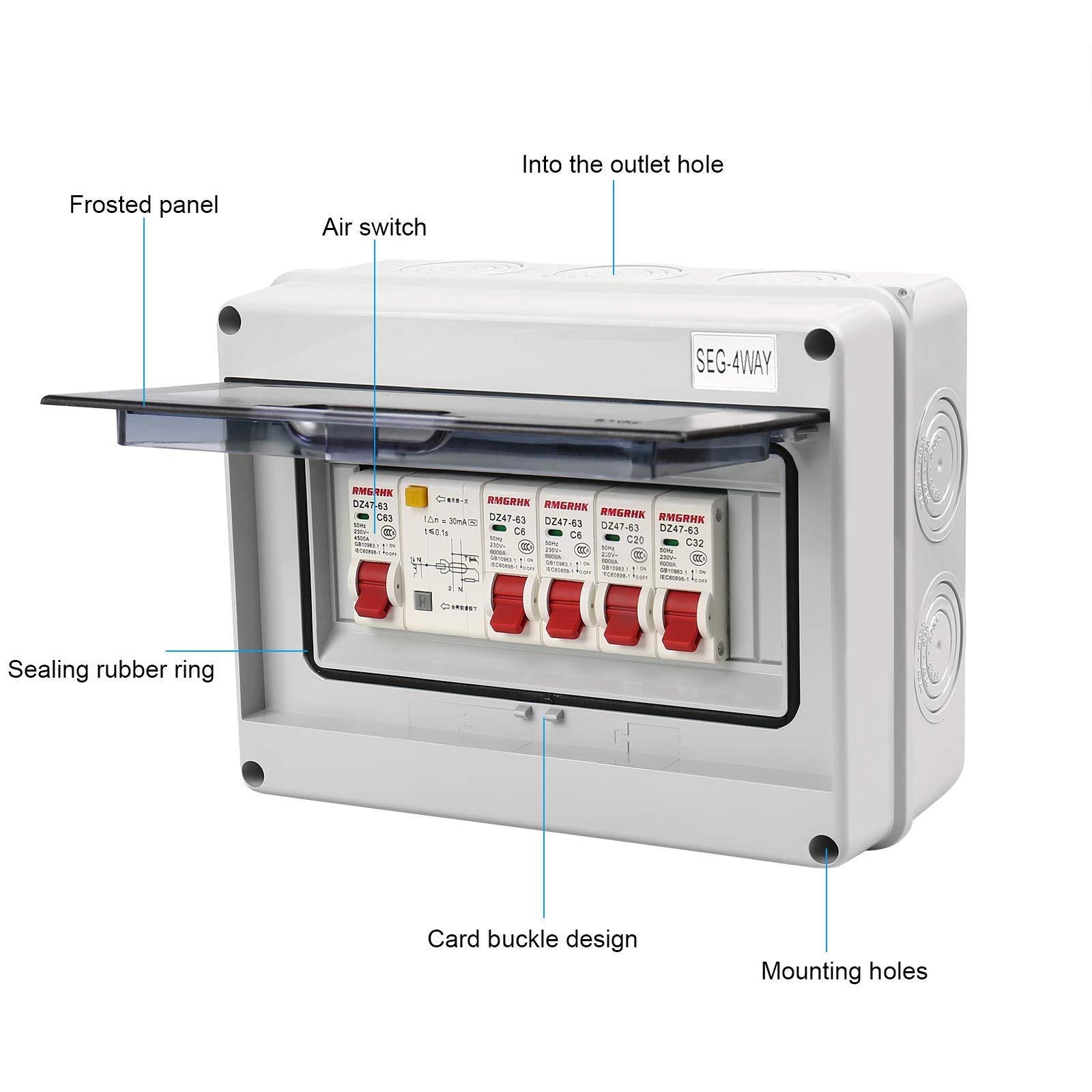 Panneau de disjoncteur d'unité de consommateur à 4 voies, boîte de disjoncteur de fuite IP65 Unité de consommation de caravane de garage en plastique de protection 63A 30mA RCD 4MCB 2x6A + 20A + 32A