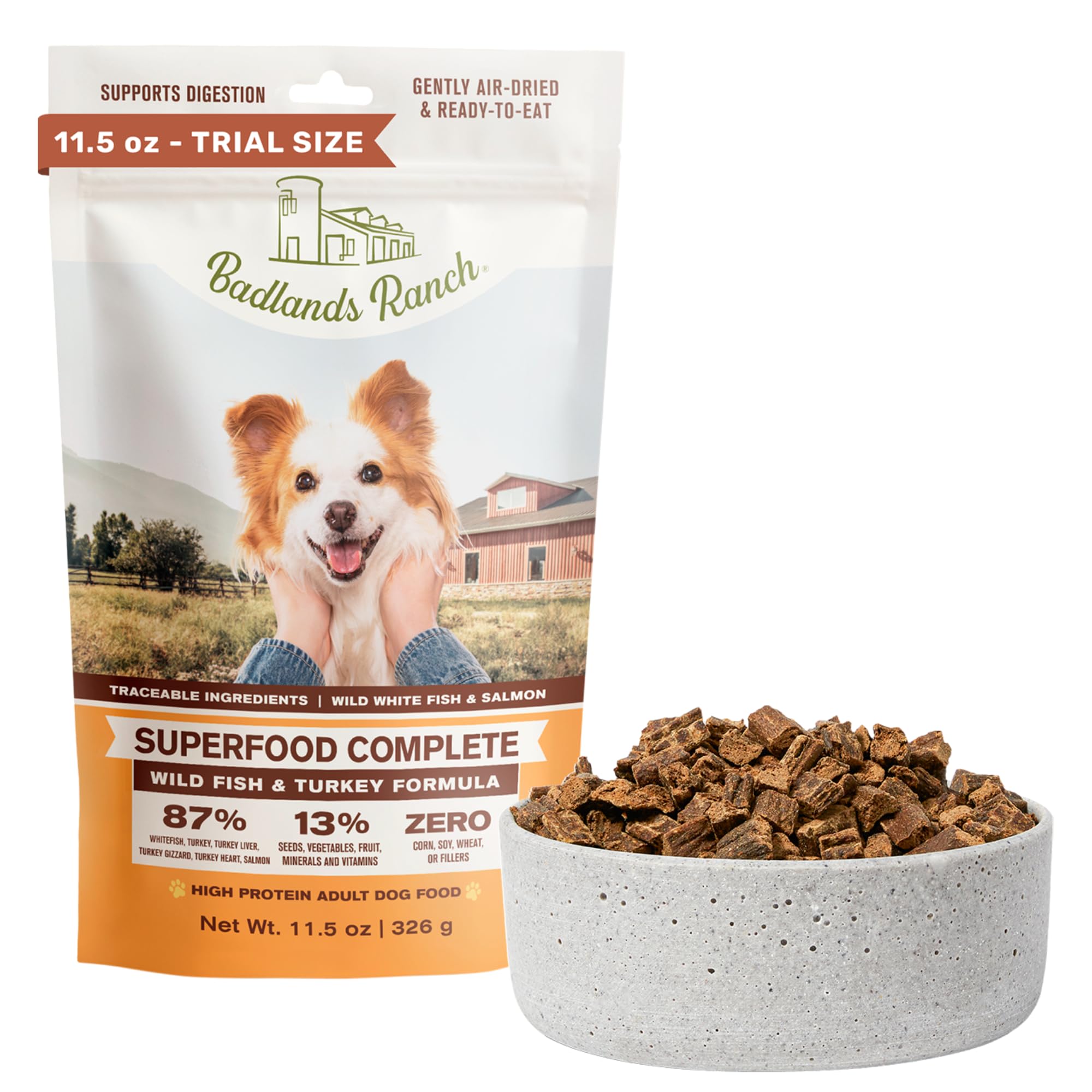 BADLANDS RANCH Air-Dried Fish &amp; Turkey Dog Food, 87% Meat, 11.5 oz