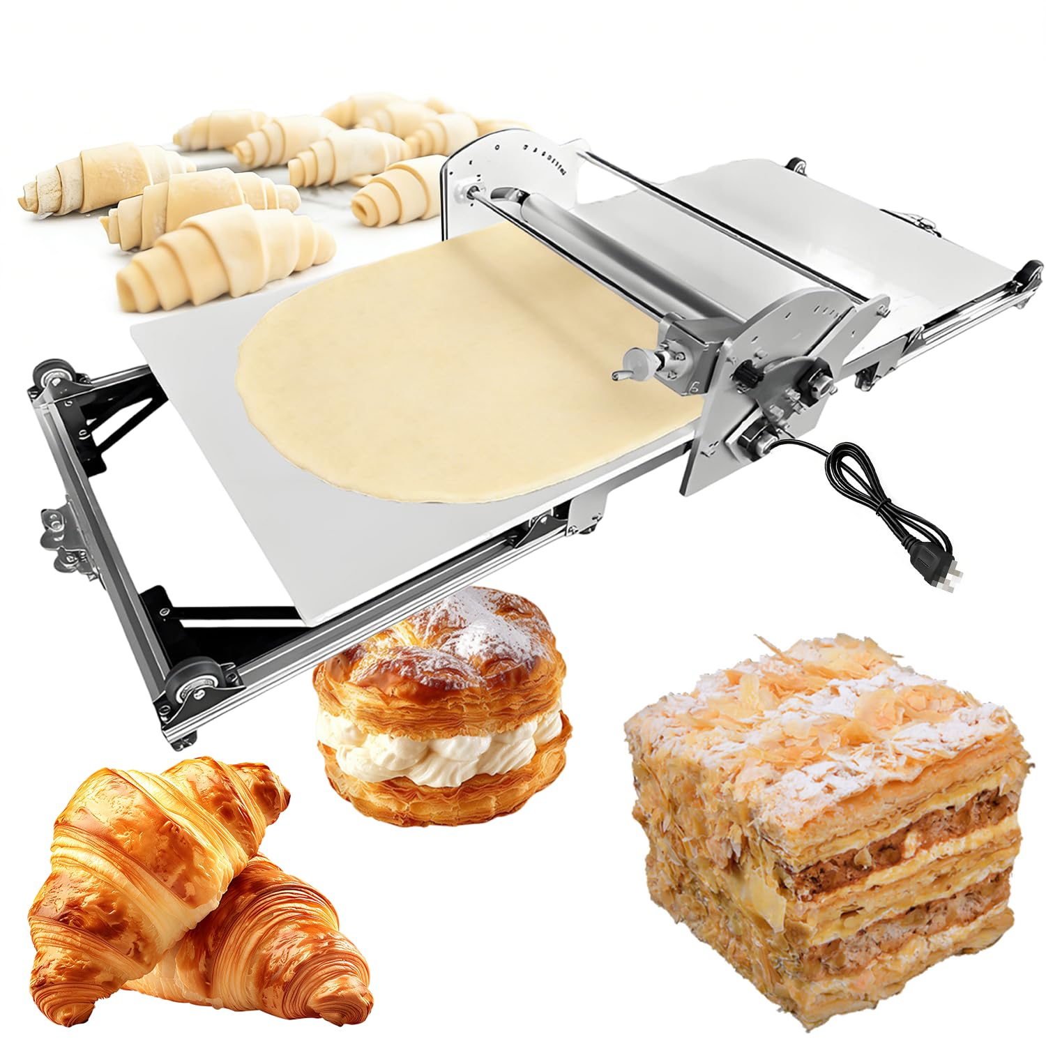 NGDFGR Dough Sheeter Machine, 40" Foldable Countertop Roller With Auto Forward & Reverse, Adjustable Thickness 0.07–1.18", 304 Stainless Steel For Puff Pastry