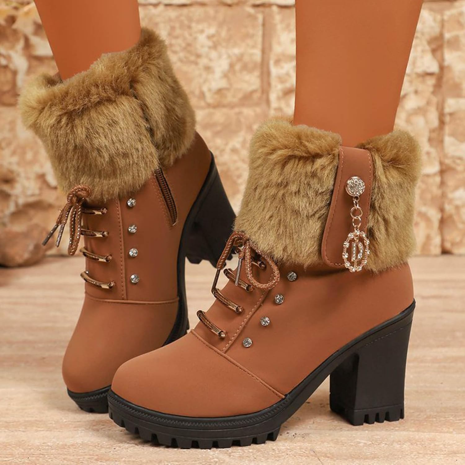 Women's Fur Lined Lace Up Ankle Boots Winter Warm Riding Boots Chunky Heel Lug Sole Suede Boot