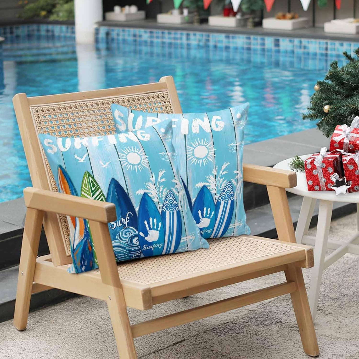 Summer Surfing Outdoor Pillow Covers 18 x 18 inch Set of 2 Surfboard Beach Palm Trees Blue Wood Grain Waterproof Throw Pillow Cover Cushion Case for Home Outside Patio Furniture Garden Porch