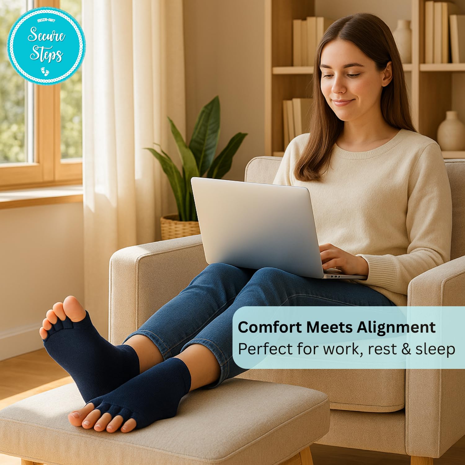 Secure Steps Foot Alignment Socks for Men & Women – Toe Separator Socks for Foot Pain Relief, Ortho Socks for Improved Circulation & Posture – Relieves Heel, Ankle & Back Pain Naturally (Blue) - Image 2 thumbnail