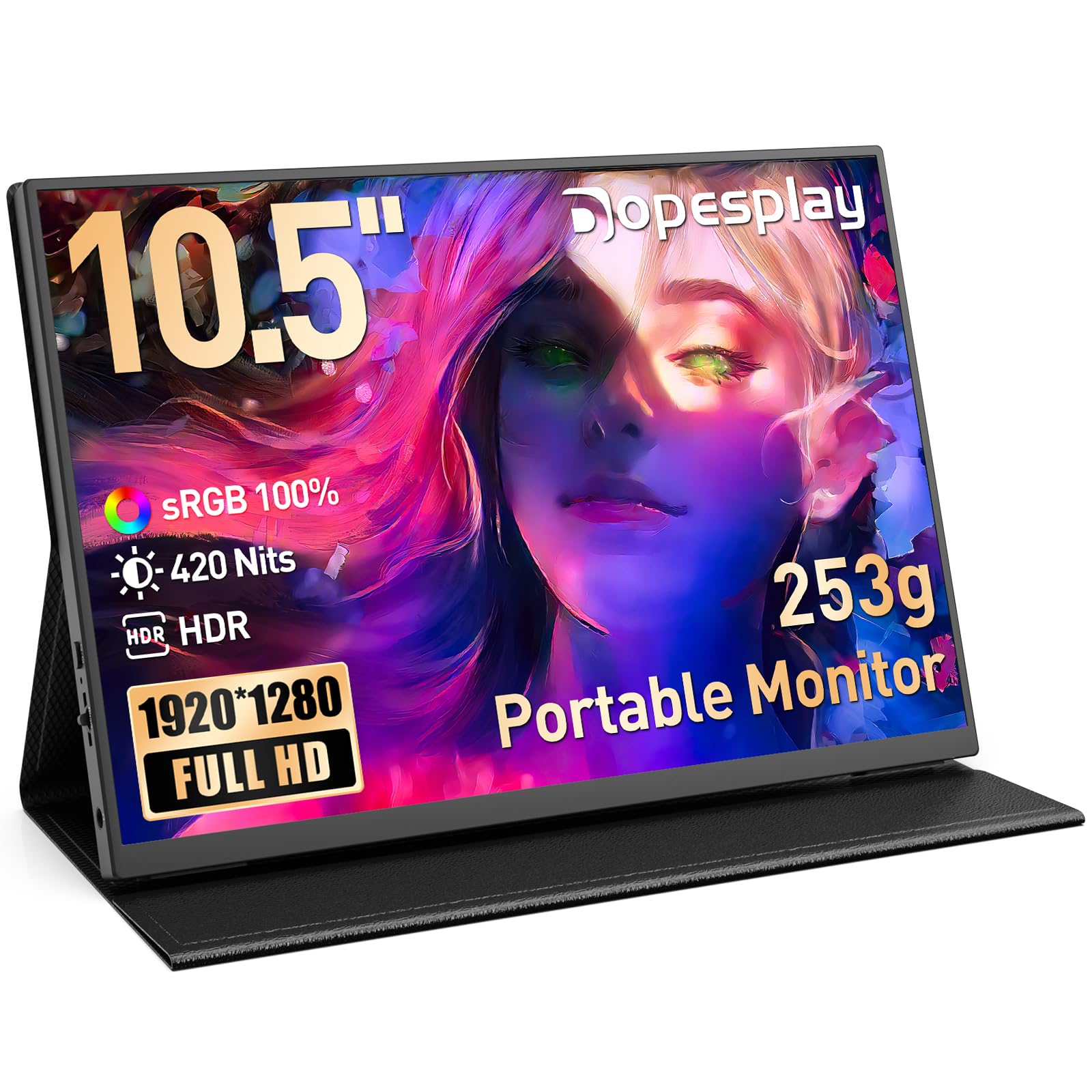Dopesplay Portable Monitor 10,5", HDR 1920 x 1280 Ultradünn 100% sRGB Tragbarer Monitore, 420 Nits Mini Zweiter Display mit Schutzhülle & Lautsprecher, USBC/HDMI Monitore für Laptop, PC, Phone