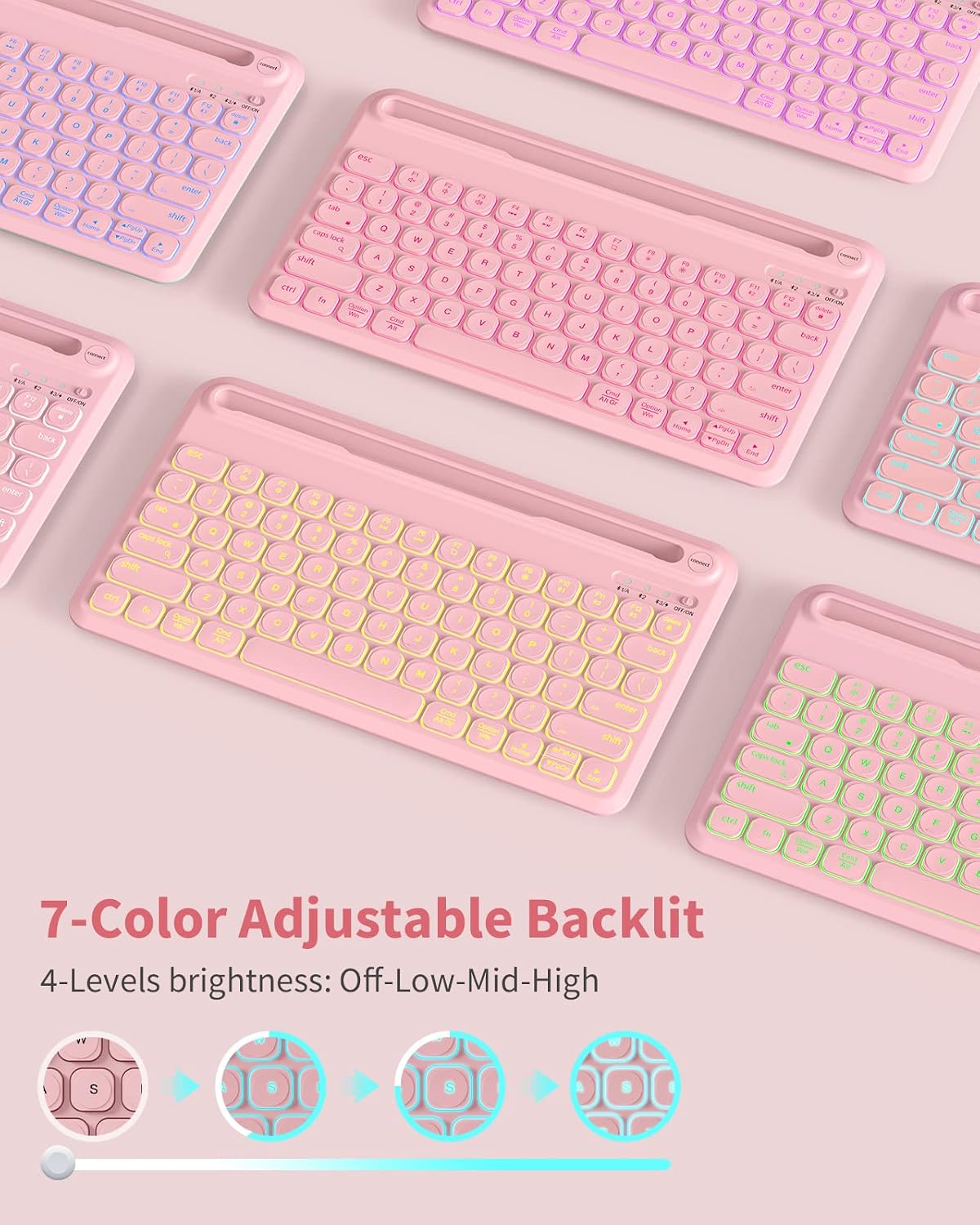 seenda Backlit Bluetooth Keyboard for Tablet Phone Computer, Rechargeable Multi-Device Bluetooth Wireless LED Keyboard for iPad Pro/Air/Mini, Compatible Mac Windows PC Android iOS Phone Tablet Pink