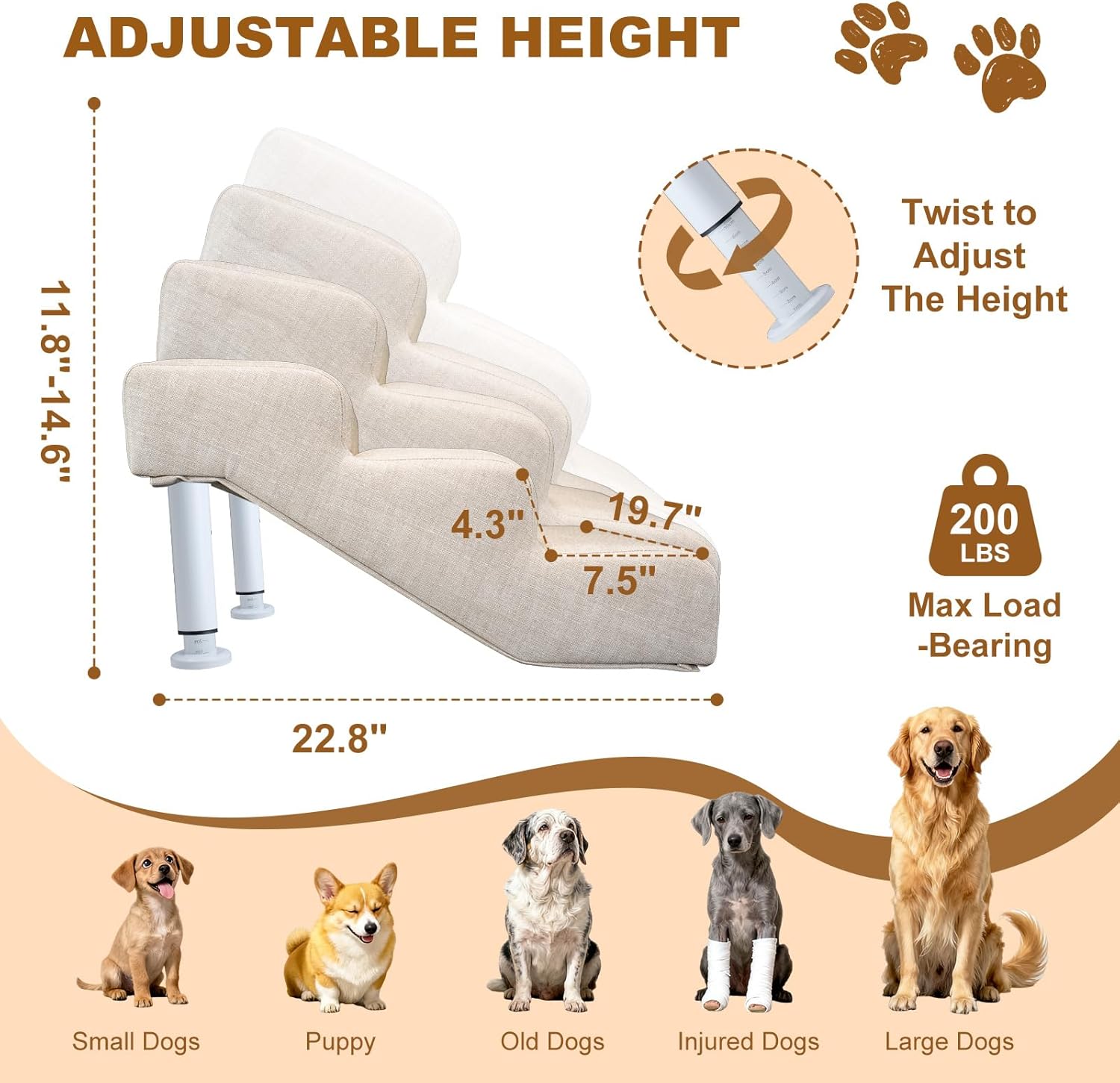 Adjustable Dog Stairs & Ramp for Cats and Dogs, 3-Step Pet Stairs for High Beds and Couch, 11.8"–14.5" Height, Linen Faux Leather, Waterproof, Scratch-Resistant, Non-Slip Indoor Pet Ramp