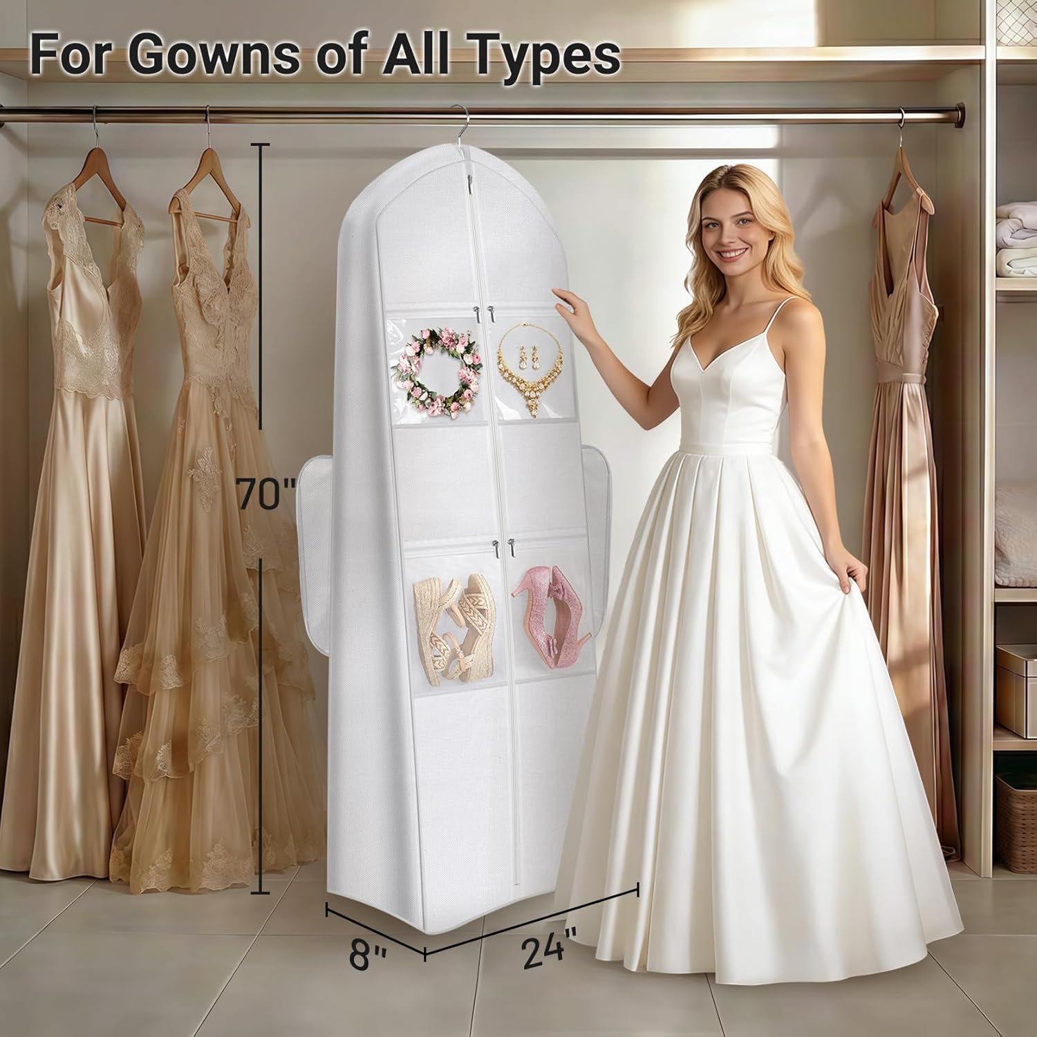MISSLO 2-in-1 Wedding Dress Garment Bag 70" Dress Bags for Gowns Long with 5 Bride Accessories Pockets & Adjustable Handles Trifold Dresses Cover for Travel and Closet Storage, White - Image 3