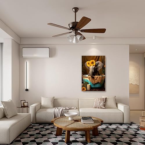 Miniatura 4 de MOSTUNNA Creativity - Lienzo decorativo para baño, diseño de animales, divertido elefante y girasol amarillo en la bañera, decoración de pared,