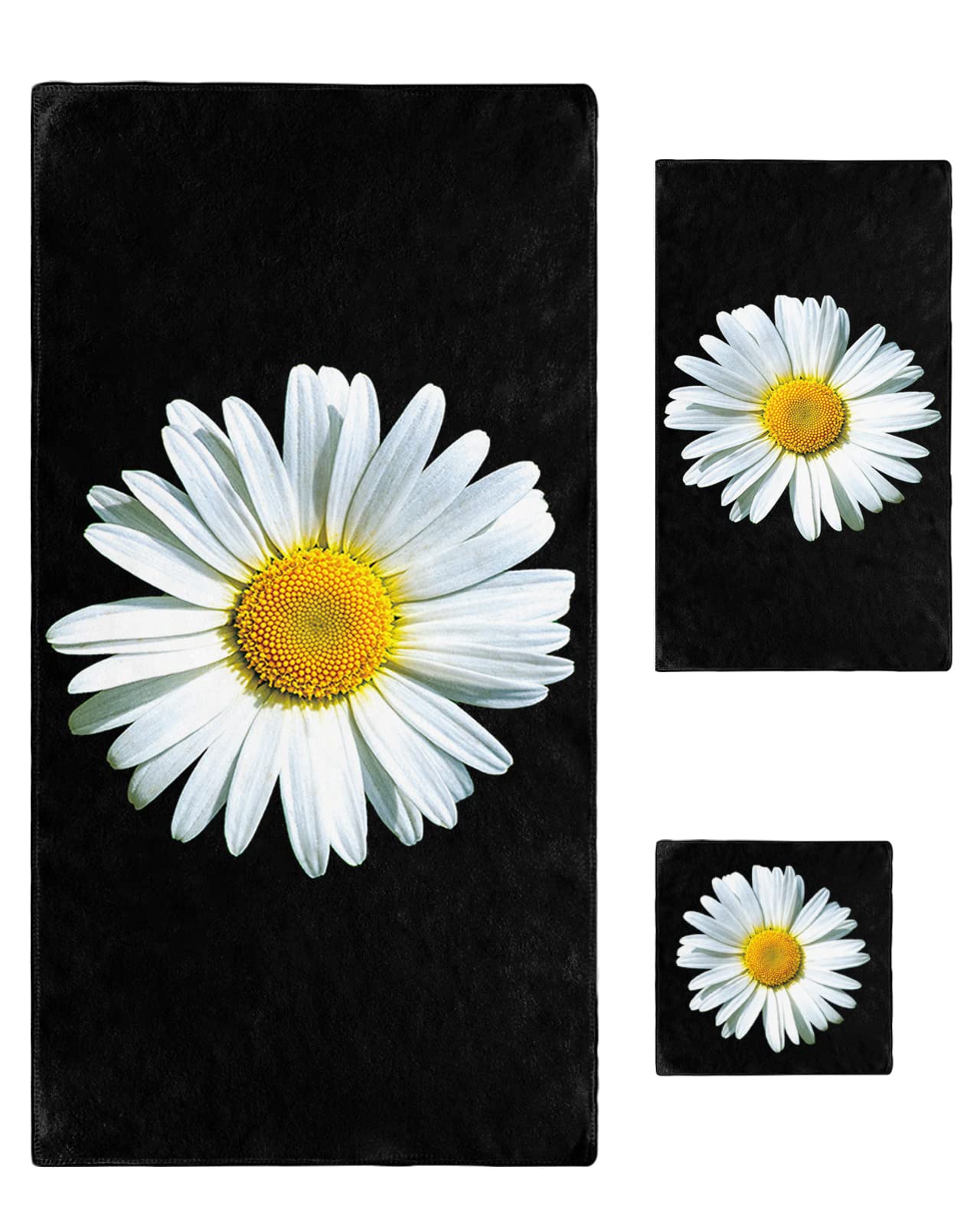 Bath Towel Sets,White Yellow Daisy Flower on Black Back Bathroom Towels Soft Hand Towel Washcloth Cotton Towel Set,Absorbent Soft Bath Set for Hotel