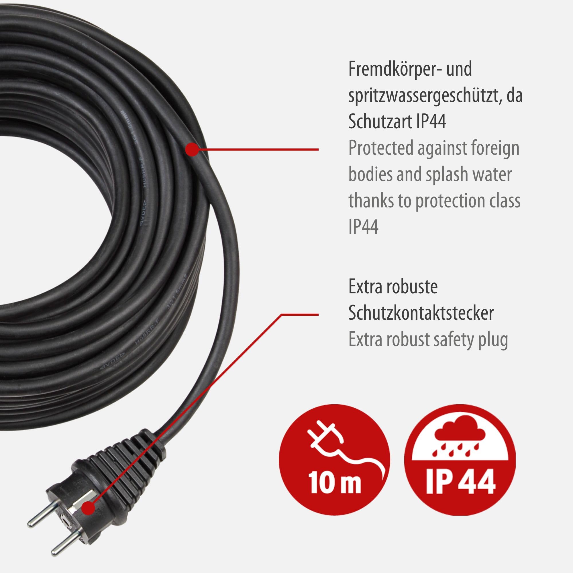 Prolunga Elettrica 10 Metri in Gomma per Uso Esterno BRENNENSTUHL, Prolunga Impermeabile Nera Schuko con Protezione IP44, Cavo H05RR-F 3G15, Nera