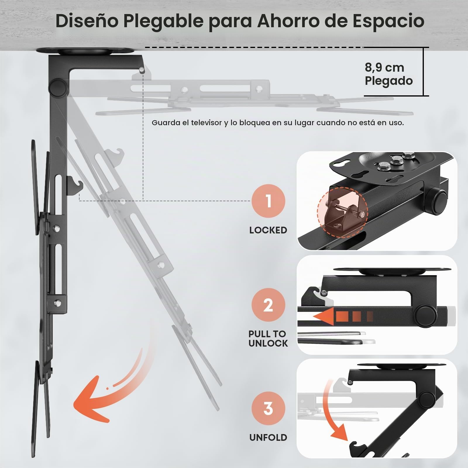 PUTORSEN Plegable Soporte TV Techo, Soporte Giratorio para TV para Pantalla de 23 a 55 Pulgadas, Soporte para TV para Techo Plano y Techo Inclinado, Soporte Techo TV hasta 20kg con MAX VESA 400x400mm