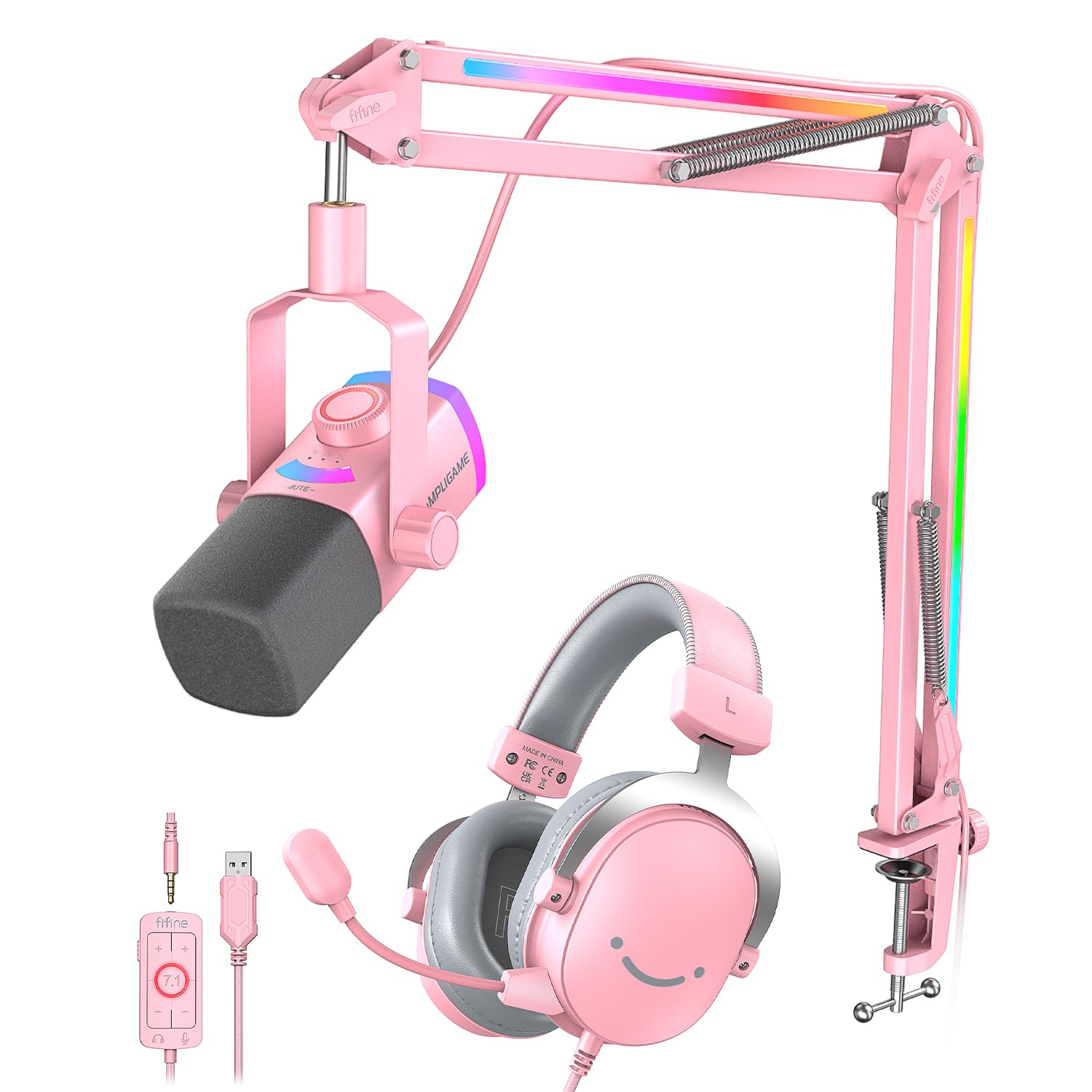 FIFINE Streaming Microphone &amp; Mixer Kit, XLR/USB Dynamic Mic with RGB Adjustable Boom Arm, 3-in-one Gain Knob, 7.1 Surround Sound Mixer with XLR Interface for PC/Podcast/Recording-(AM8PROTP+SC8P)