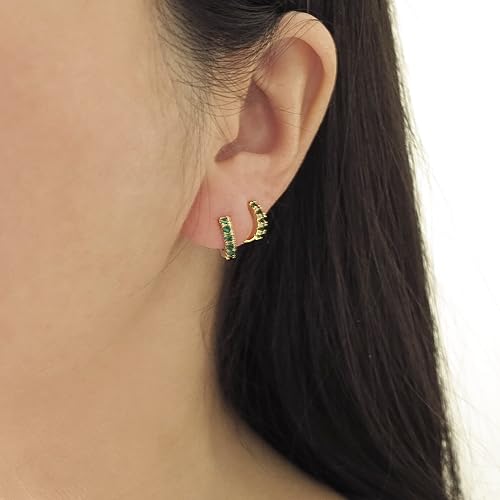 Miniatura 4 de Sterling Silver Emerald Cubic Zirconia Paved Huggie Hoop Earrings Nickel Free Lead Free Made In USA (8mm Inner Diameter, Real 18K Gold Plated)