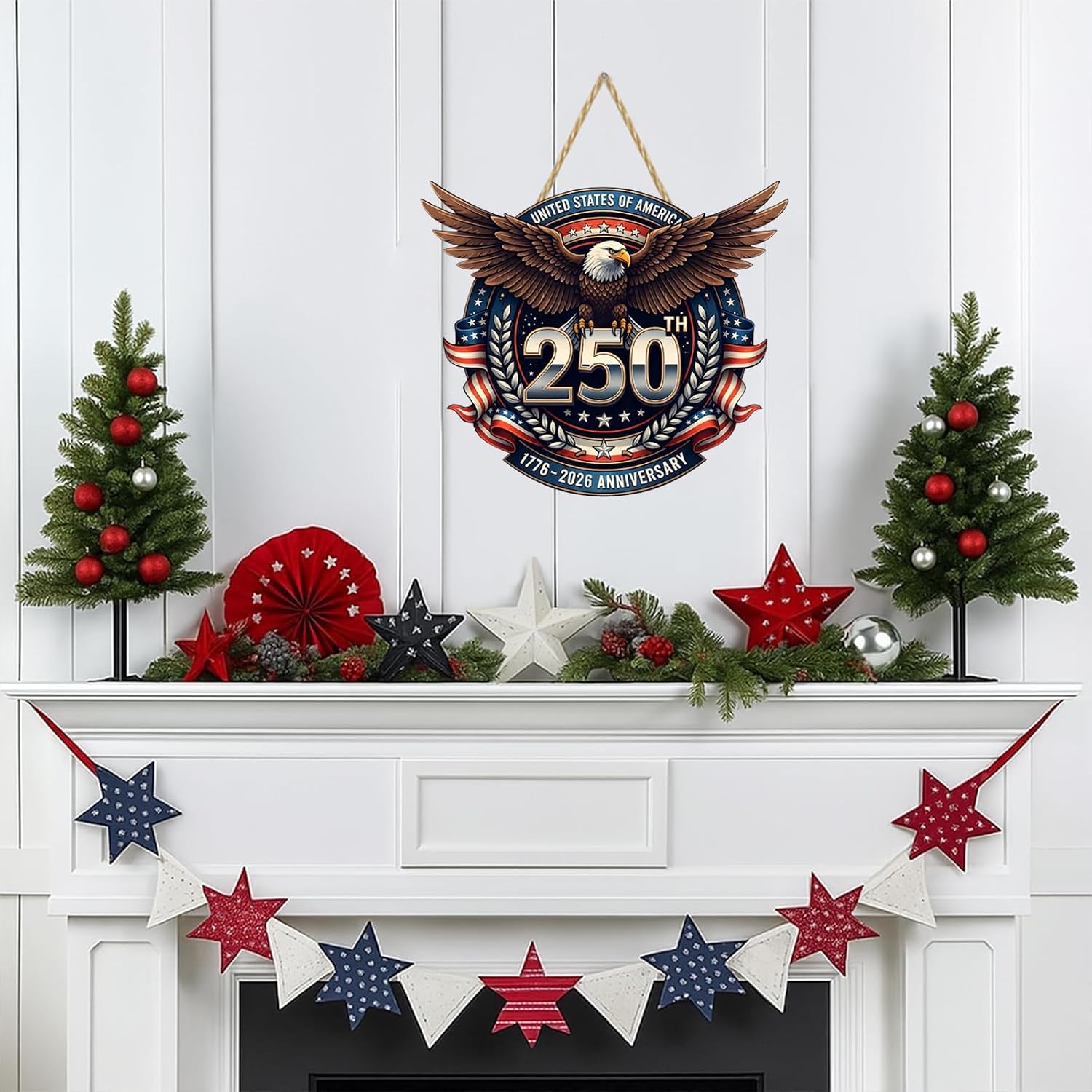 USA 250th Anniversary Double-Layer Wooden Sign Large Reusable USA 250th Bald Eagle American Flag Stars Stripes 1776-2026 250th Anniversary Rustic Wood Twine Hanging Door Wall Patriotic Decor 1 Pcs image 5
