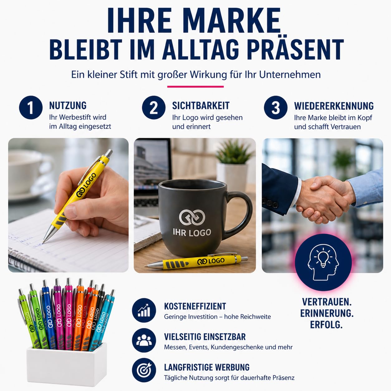 WPRO Personalisierte Kugelschreiber 250 Stück mit Logo Kunststoff blau schreibend; Werbekugelschreiber bedruckt für Messe Events Promotion Streuartikel Javi