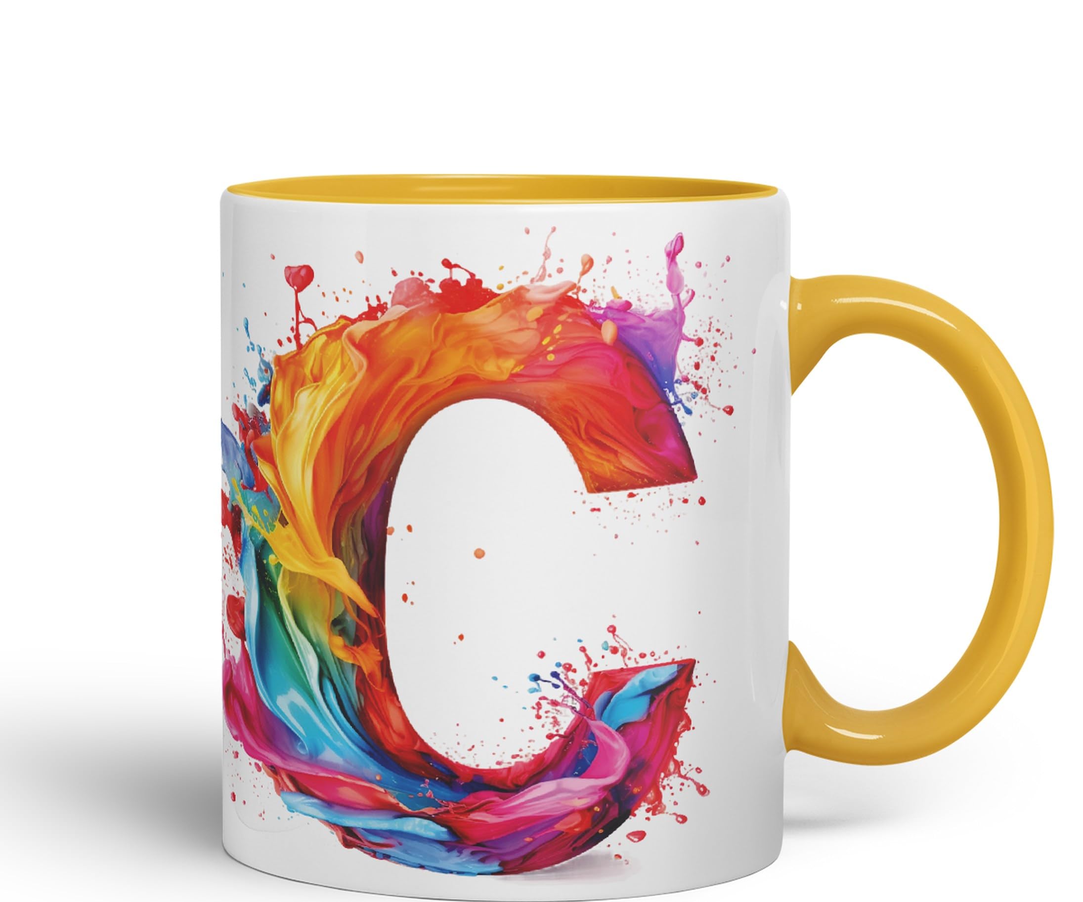 Vixar Letter C Mug, Alphabet Letter C Monogram Watercolour Ceramic Coloured Mug Cup for Tea Coffee Hot Brew 330ml 11Oz Gift (G Yellow)