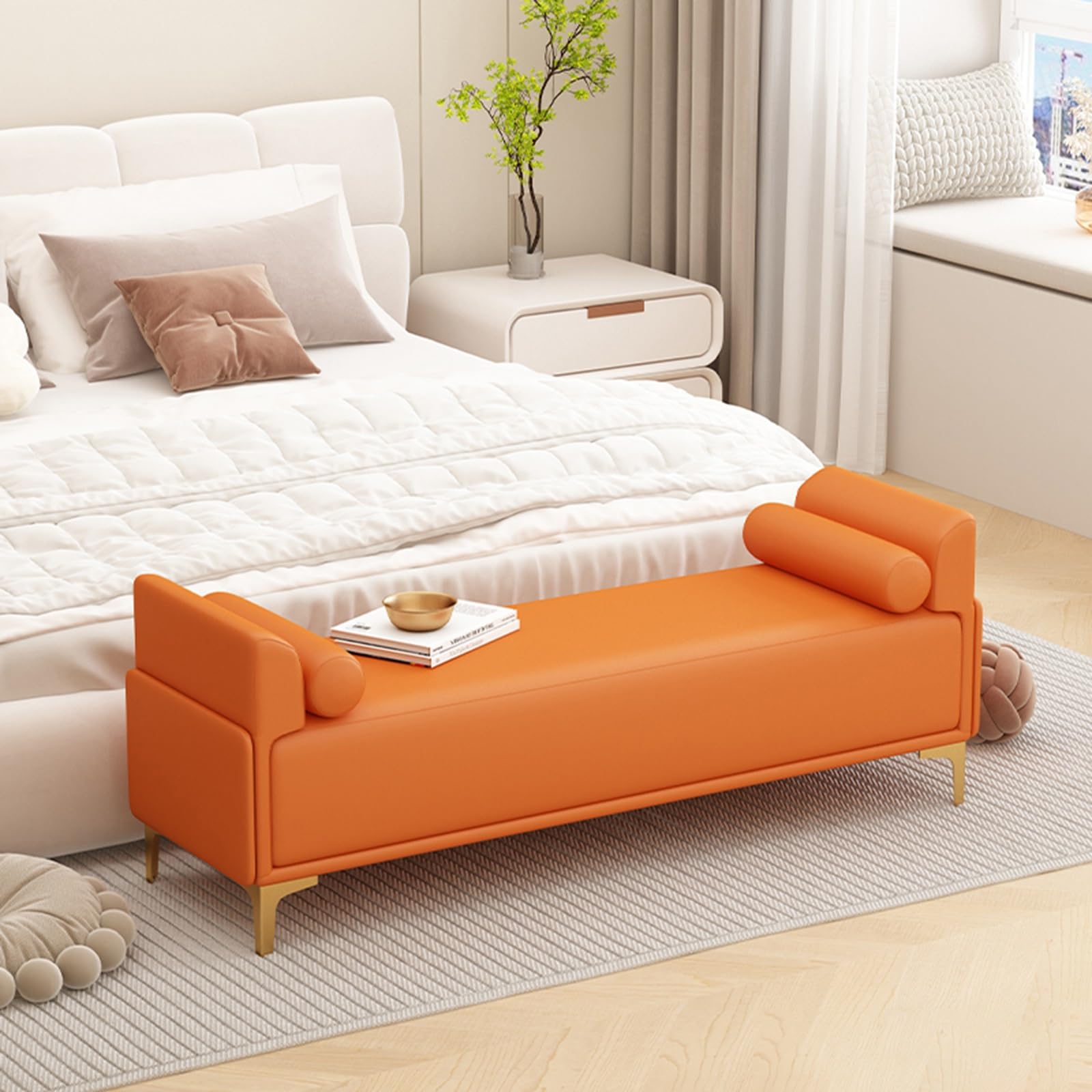 Banc de chambre cannelé avec rangement coffre à chaussures orange 120 cm