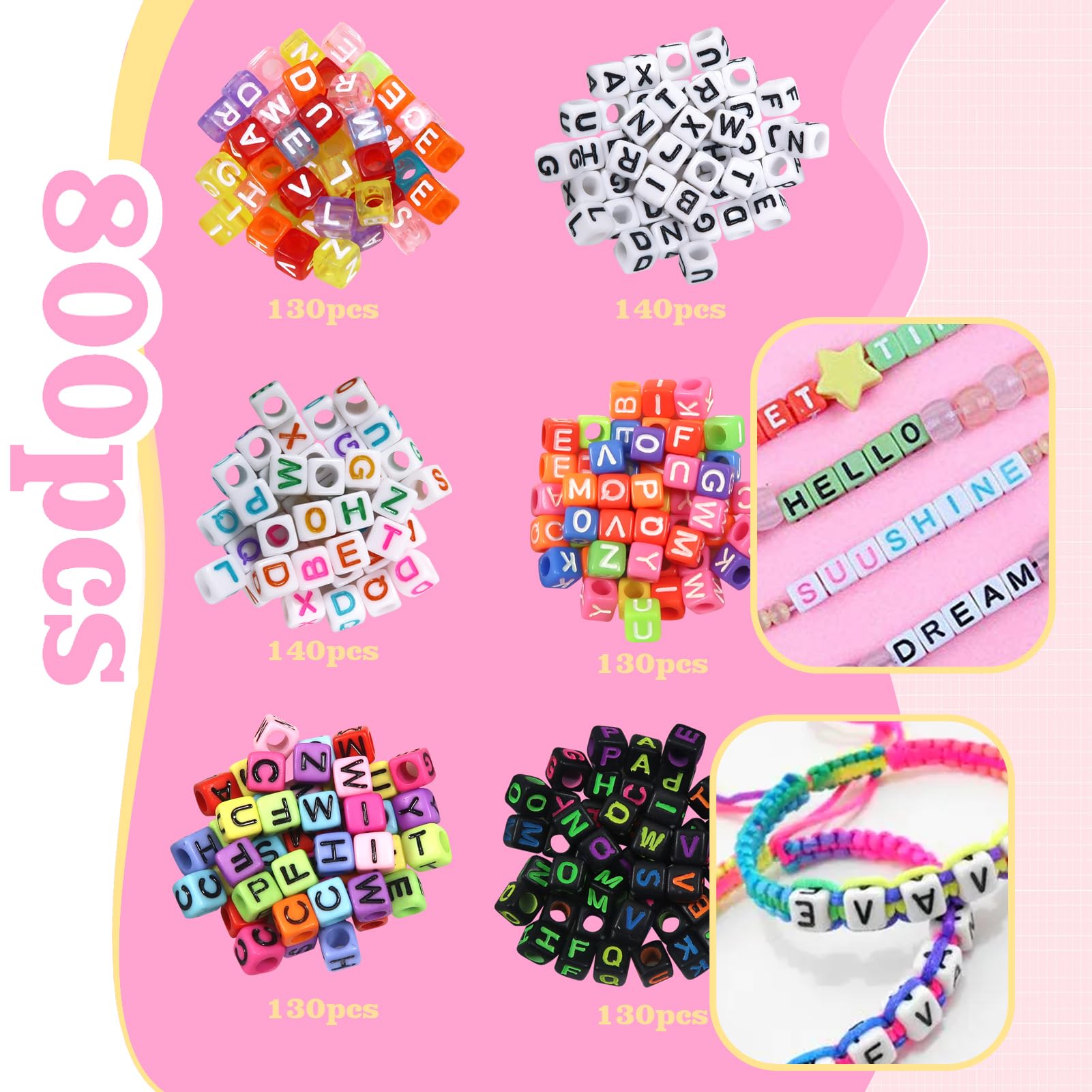 TOAOB 800 Pezzi Perline Lettere per Braccialetti Colorate 6mm Acrilico Cubo Alfabeto Perle Bead e 2 Stili di Filo Elastico per Bigiotteria Gioielli Bracciali Fai da Te Collane Phone Catene Portachiavi