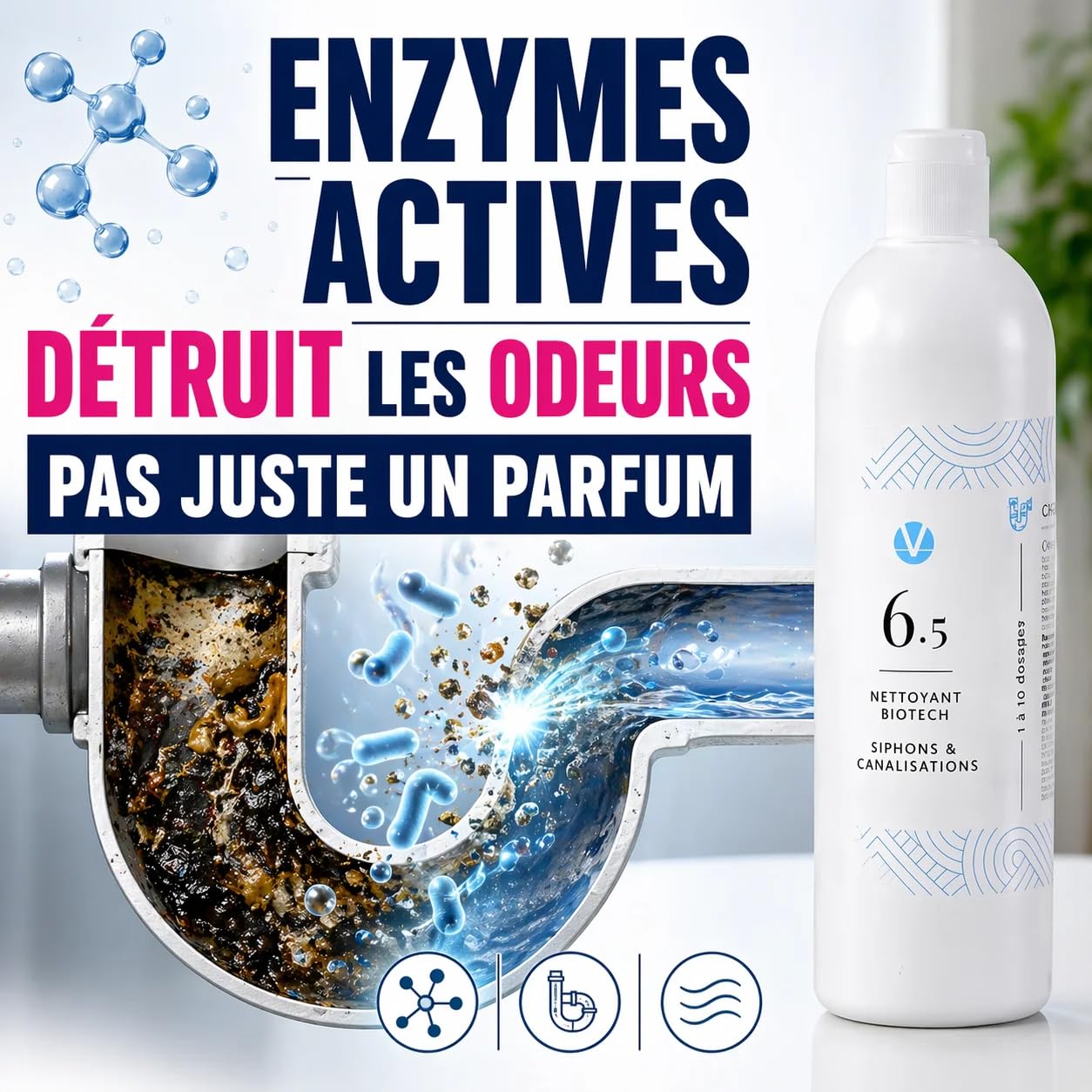 N°6.5 Canalisations Enzymatique Concentré – Odeurs Égout 50 Doses | 0,55€/dose, 1 à 2 ans d'autonomie, sans CMR ni perturbateurs endocriniens, sain pour animaux, Qualité Pro, fabriqué en France