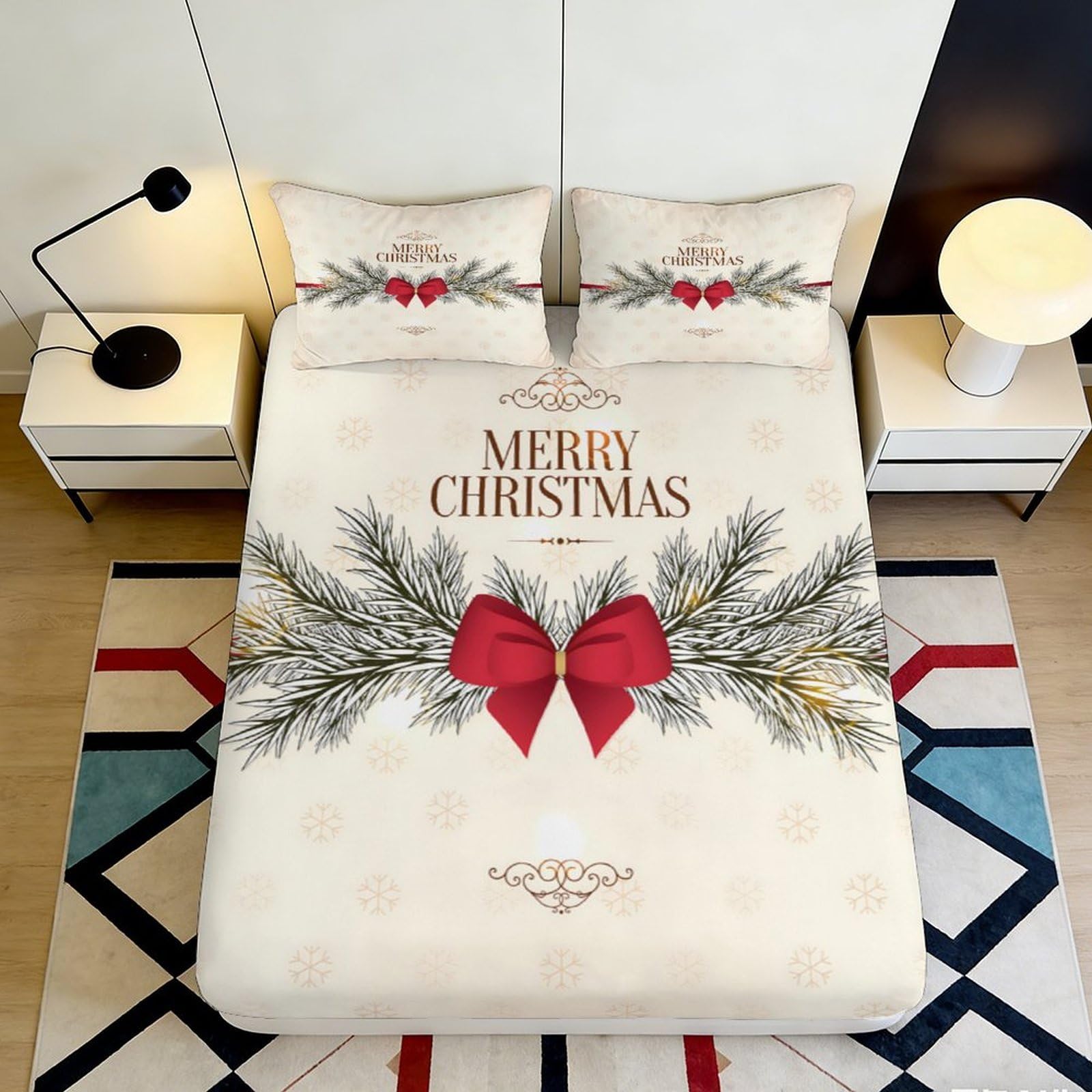 3D Printed Christmas Pine Fitted Sheet Microfiber Soft Breathable Merry Bow Bed Cover for Bedroom Dormitory Guest Room Mattress Protection Decoration 120x200x25cm