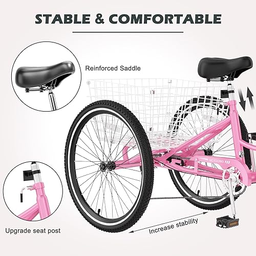 Vista 84 de ABORON Triciclo para adultos, bicicleta de 3 ruedas para adultos, triciclo para adultos, llantas de doble pared, triciclo para mujeres y hombres