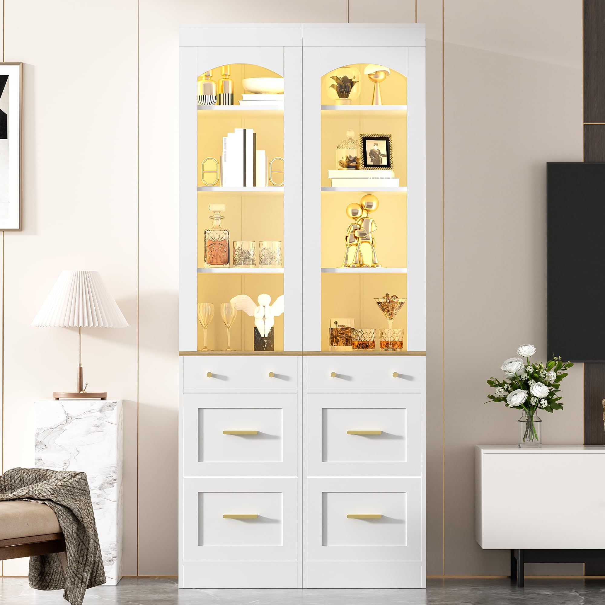 Shye Armario alto con 3 cajones, vitrina con mucho espacio de almacenamiento para salón y pasillo, color blanco/efecto madera, 40 x 35 x 180,5 cm, color blanco