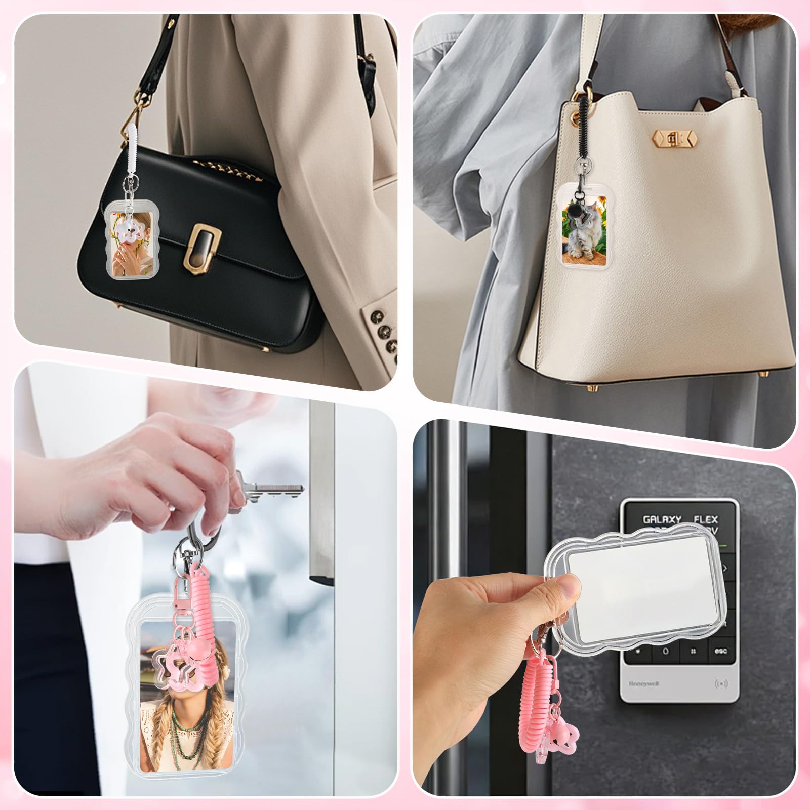 3 sztuki kluczyka Photocard Holder, Star Bells ID Card Holder z odpinanym linkoszkiem, dwustronny uchwyt na dowód, karty z zdjęciami dla dowód, karta autobusu, wyświetlacz zdjęć idola (Biały, Czarny