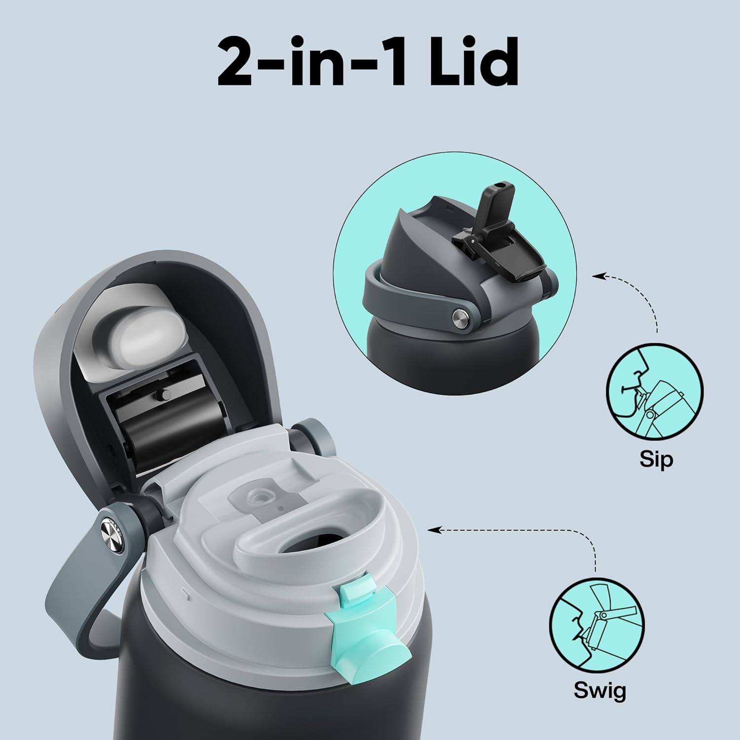 Insulated Water Bottle with Straw - Encool Stainless Steel Water Bottle with Push Button Lid, Leak-Proof & BPA-Free, Keeps Cold for 24 Hours for Sports, Travel, Gym (40 oz, Tuna Grey-Green)