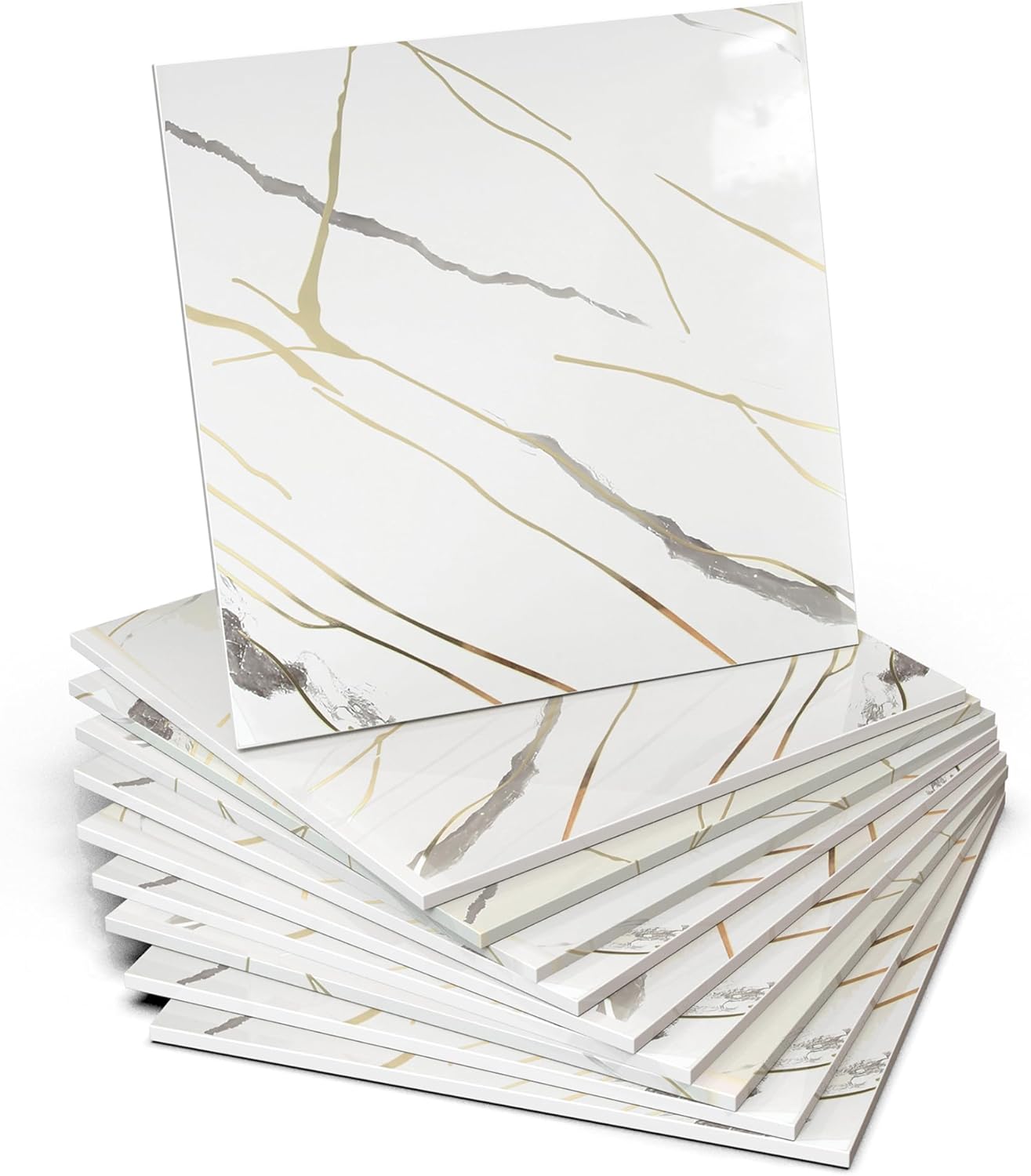 10pcs Marble Peel and Stick Backsplash Waterproof Wall Panels, 11.8"x11.8" Self Adhesive Marble Foam Tile, PVC Wall Panels for Bathroom, Kitchen, Living Room and Laundry Room (Striped Gold)