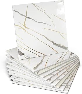 10pcs Marble Peel and Stick Backsplash Waterproof Wall Panels, 11.8"x11.8" Self Adhesive Marble Foam Tile, PVC Wall Panels for Bathroom, Kitchen, Living Room and Laundry Room (Striped Gold)