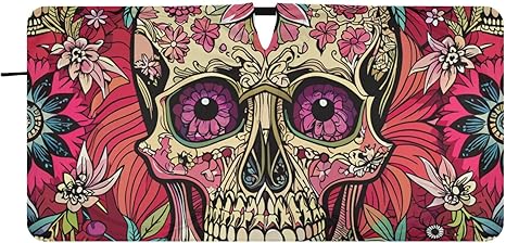 Windshield Sun Shades Sugar Skull Colorful Florals Foldable Car Sun Shade for Sedans SUV Trucks Funny Cute Car Sun Shade Keep Car Cooler Size S