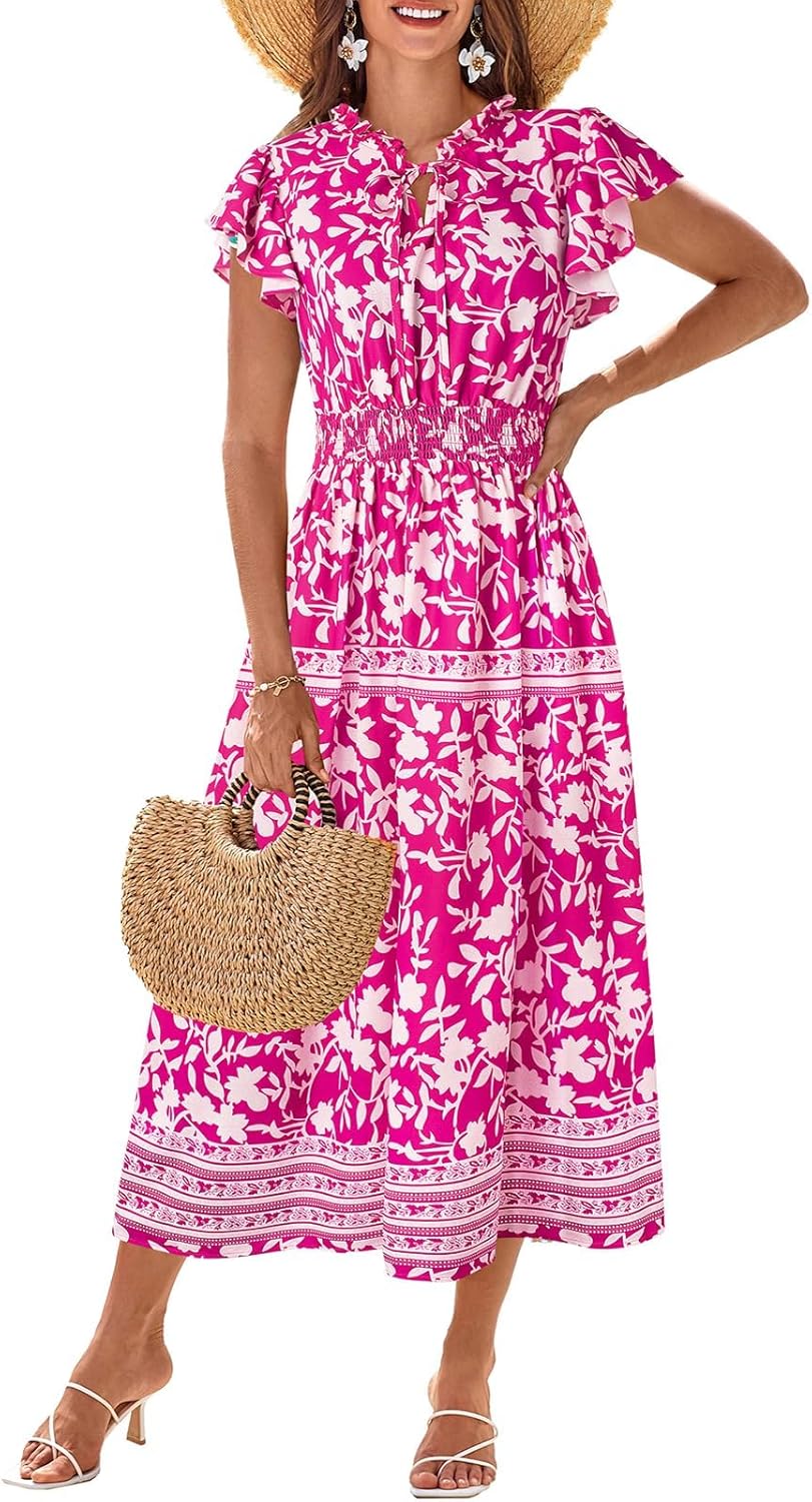 GRACE KARIN Women's Floral Boho Dress Hawaiian Dresse Short Sleeve V Neck Summer Beach Wedding Guest Swing Maxi Sundress