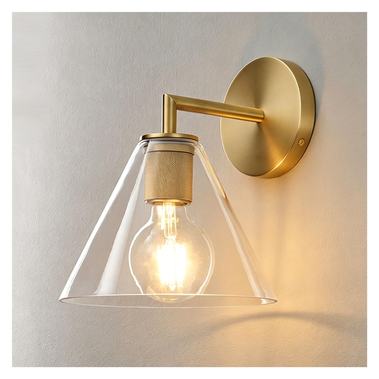 LUOYAOB Gold Industrial Wall Sconce with Clear Funnel Flared Glass Shade Retro Wall Mounted Light Fixture for Bedroom Living Room Hallway Loft Corridor Study Indoor Lighting(Brass,1light)
