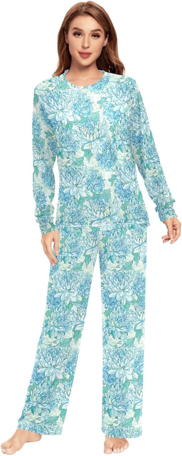 Chinese Blue Flowers Peonies Pajama Set for Women 2 Piece Lightweight Men Sleep Pants Long Sleeve Top & Bottom