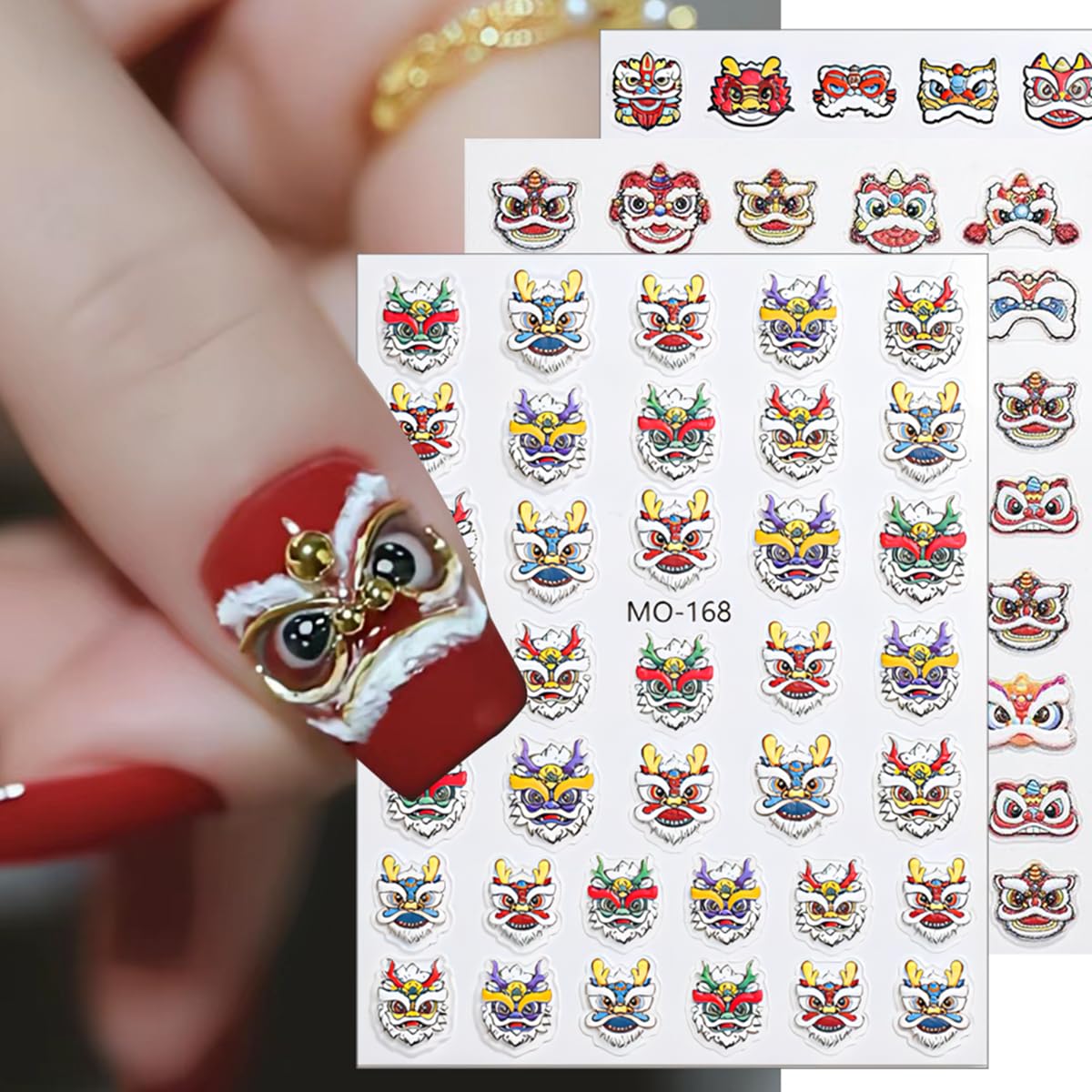 5DEmbossed Lion Awakening Nail Art Stickers Cute Awakening Lion Nail Decals Self Adhesive Nail Design Sticker Fashion Chinese Style New Year Nail Stickers for Women DIY Manicure Decoration, 3Sheets